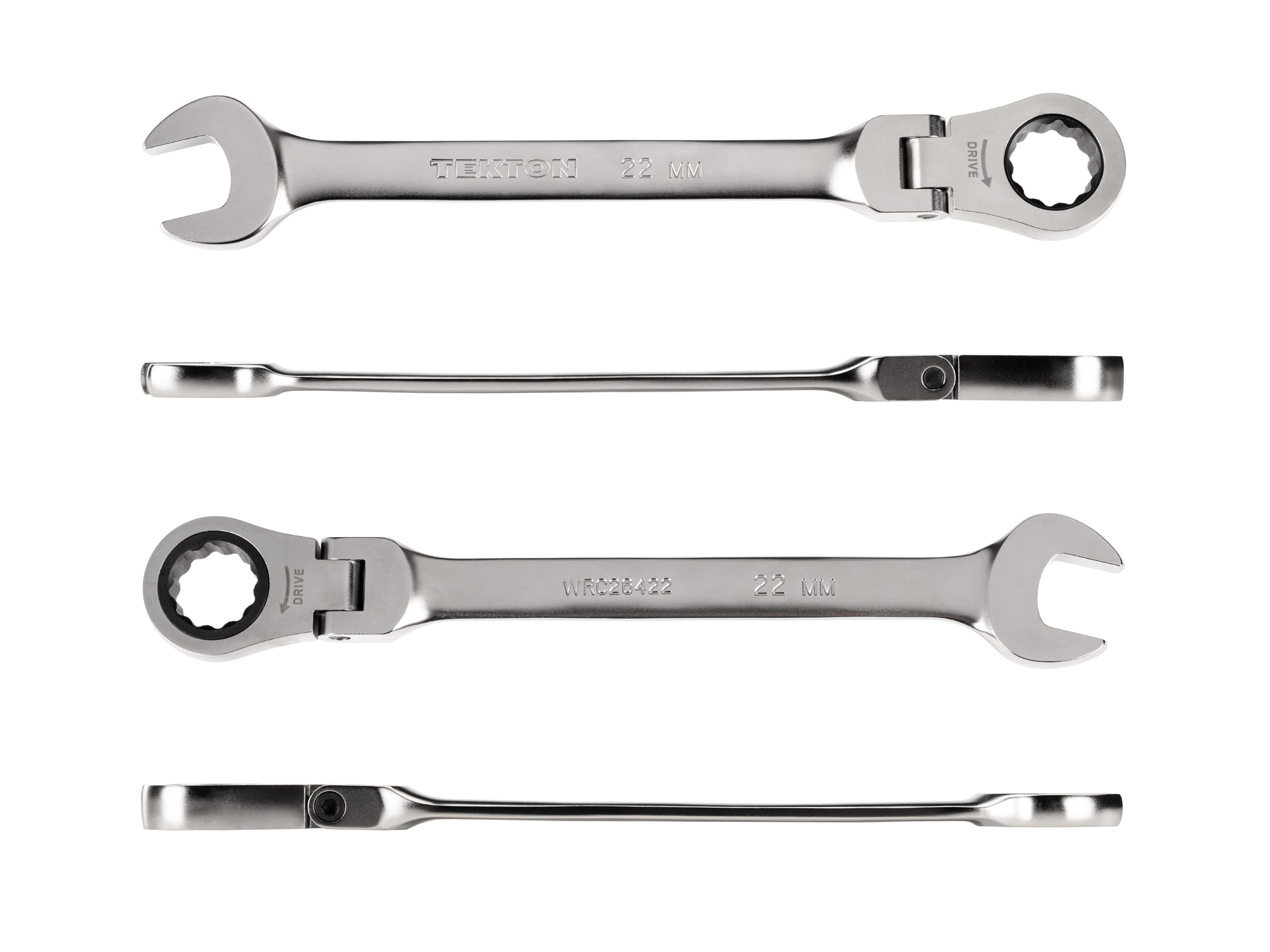 Individual ratcheting wrench. 12-point box end flexes 180 degrees and uses a 72-tooth ratchet gear. Smooth, satin chrome finish. WRC26422.