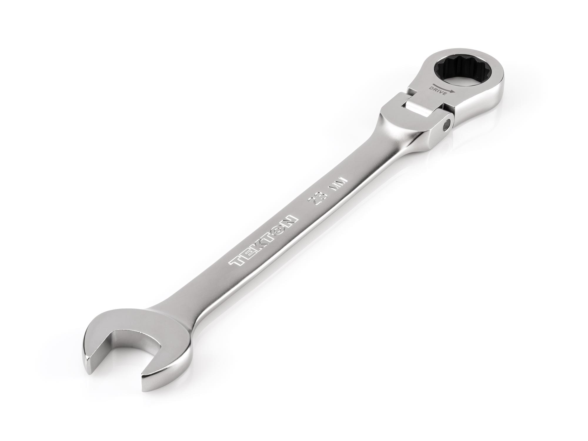 Front-right angle view of Tekton ratcheting combination wrench. Item #WRC26423