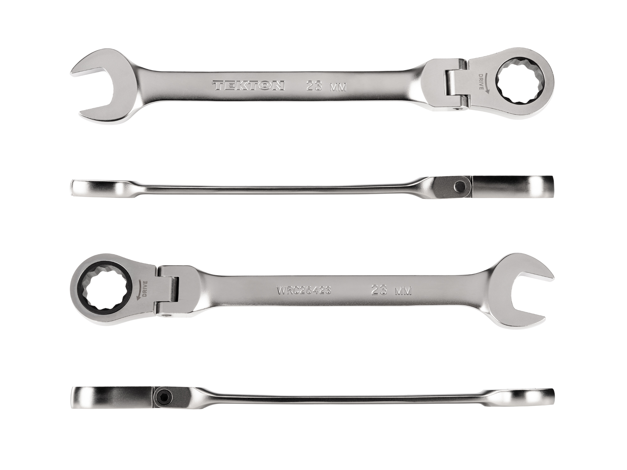 Individual ratcheting wrench. 12-point box end flexes 180 degrees and uses a 72-tooth ratchet gear. Smooth, satin chrome finish. WRC26423.