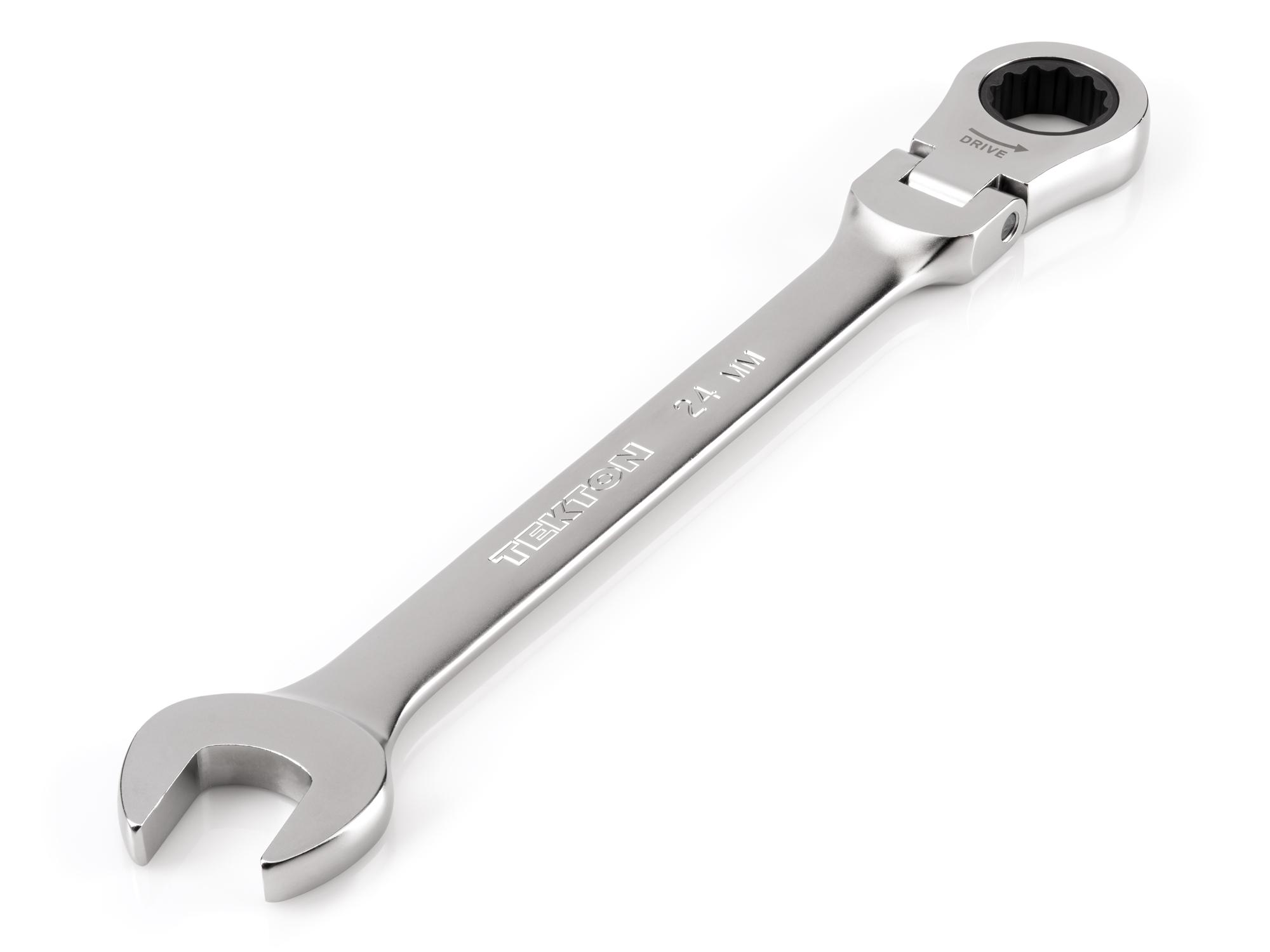Front-right angle view of Tekton ratcheting combination wrench. Item #WRC26424