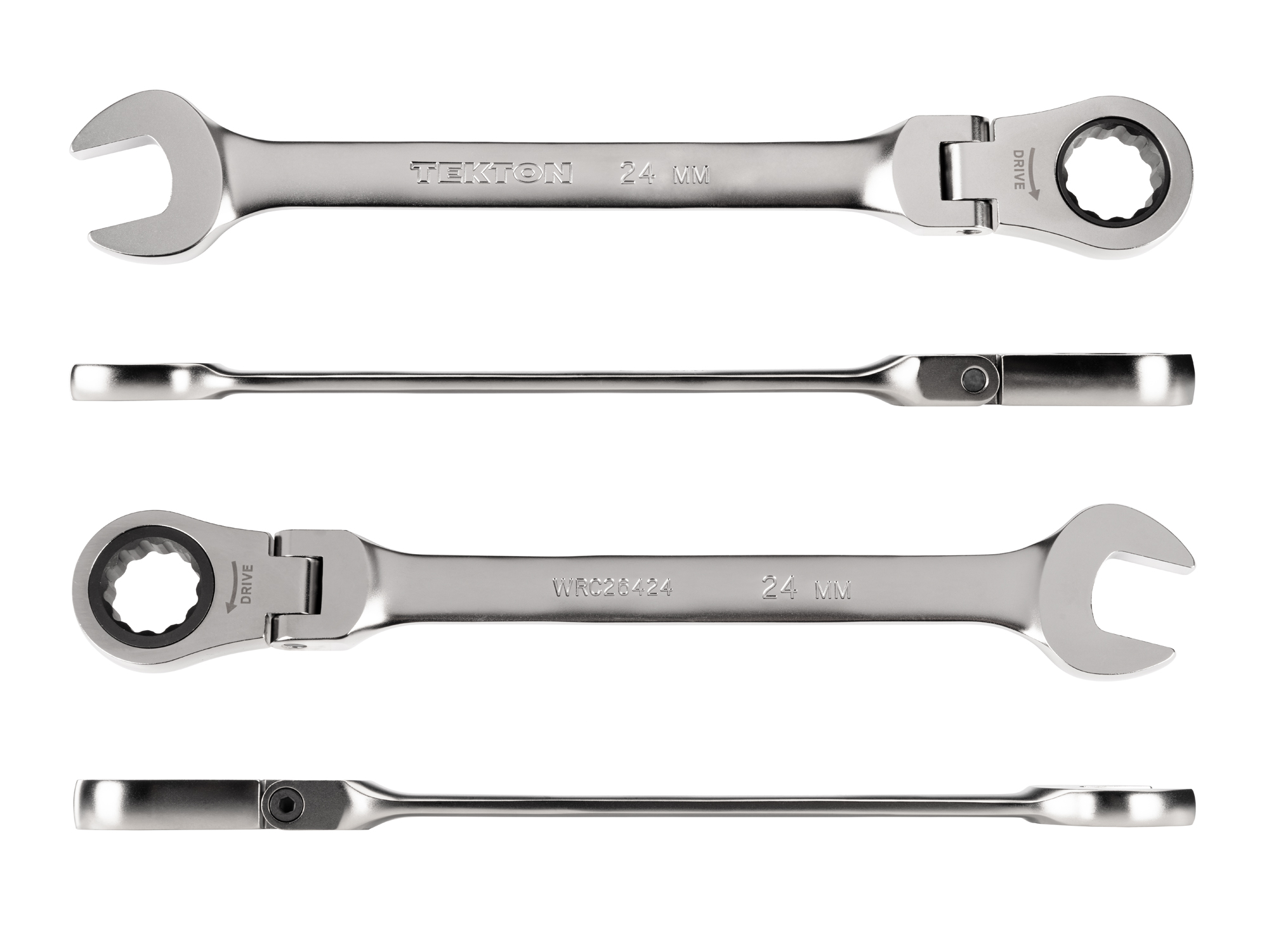 Individual ratcheting wrench. 12-point box end flexes 180 degrees and uses a 72-tooth ratchet gear. Smooth, satin chrome finish. WRC26424.