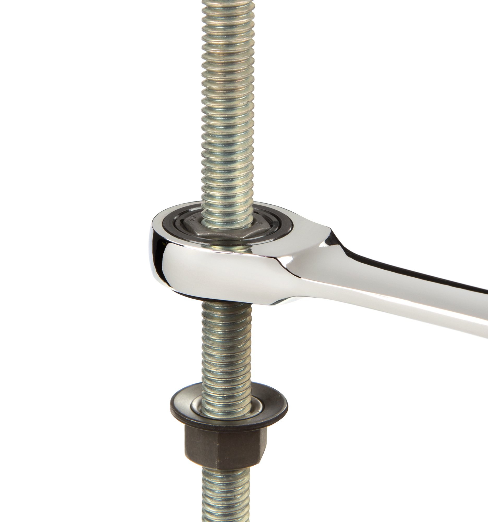 3/8 Inch Stubby Ratcheting Combination Wrench. 6-point box end and 72-tooth ratchet. WRN50008.