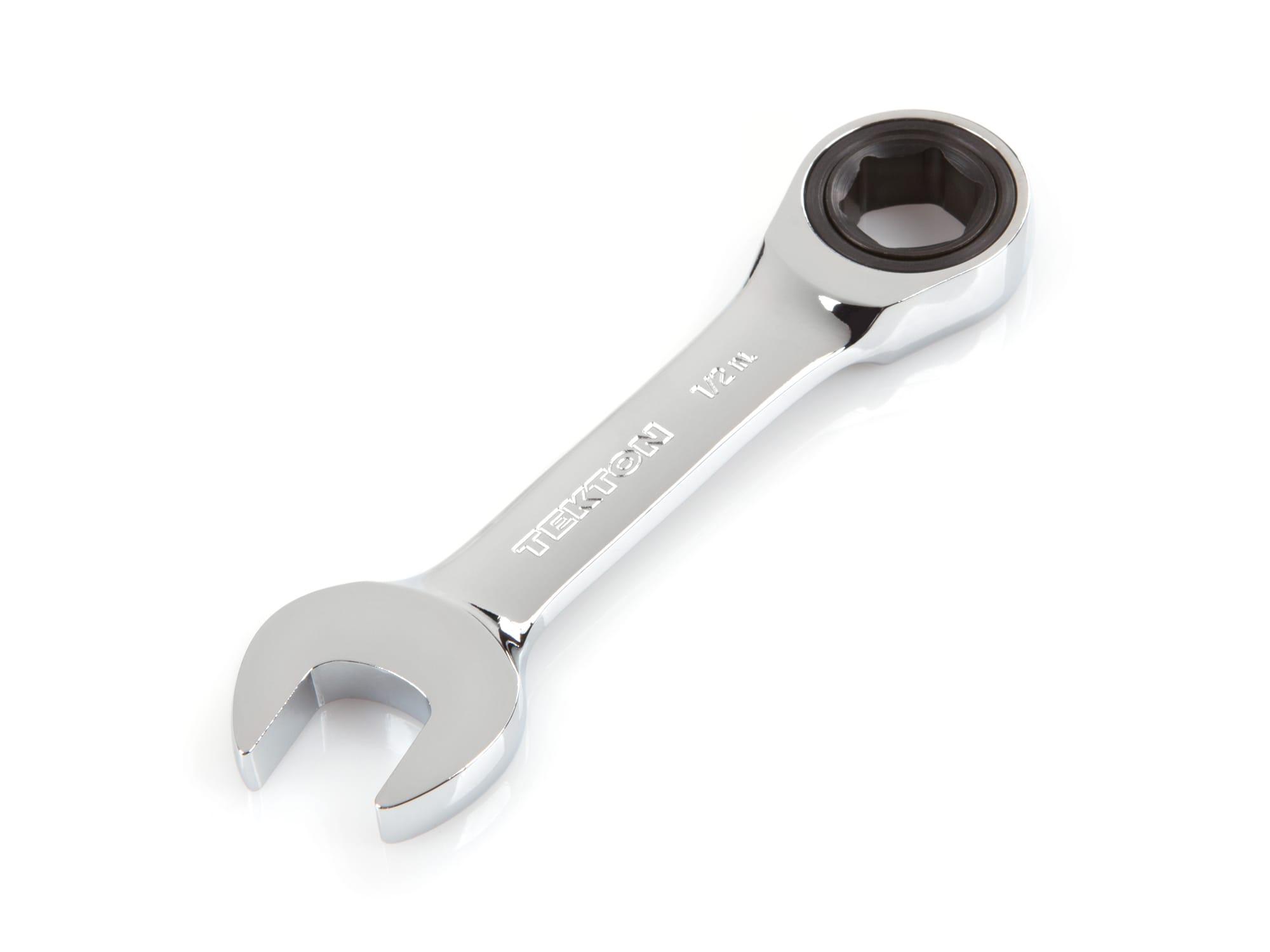Front-right angle view of Tekton ratcheting combination wrench. Item #WRN50010