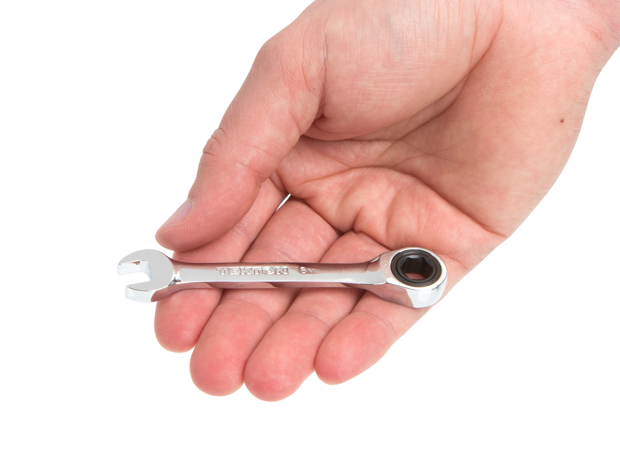 8 mm Stubby Ratcheting Combination Wrench. 6-point box end and 72-tooth ratchet. WRN50108.