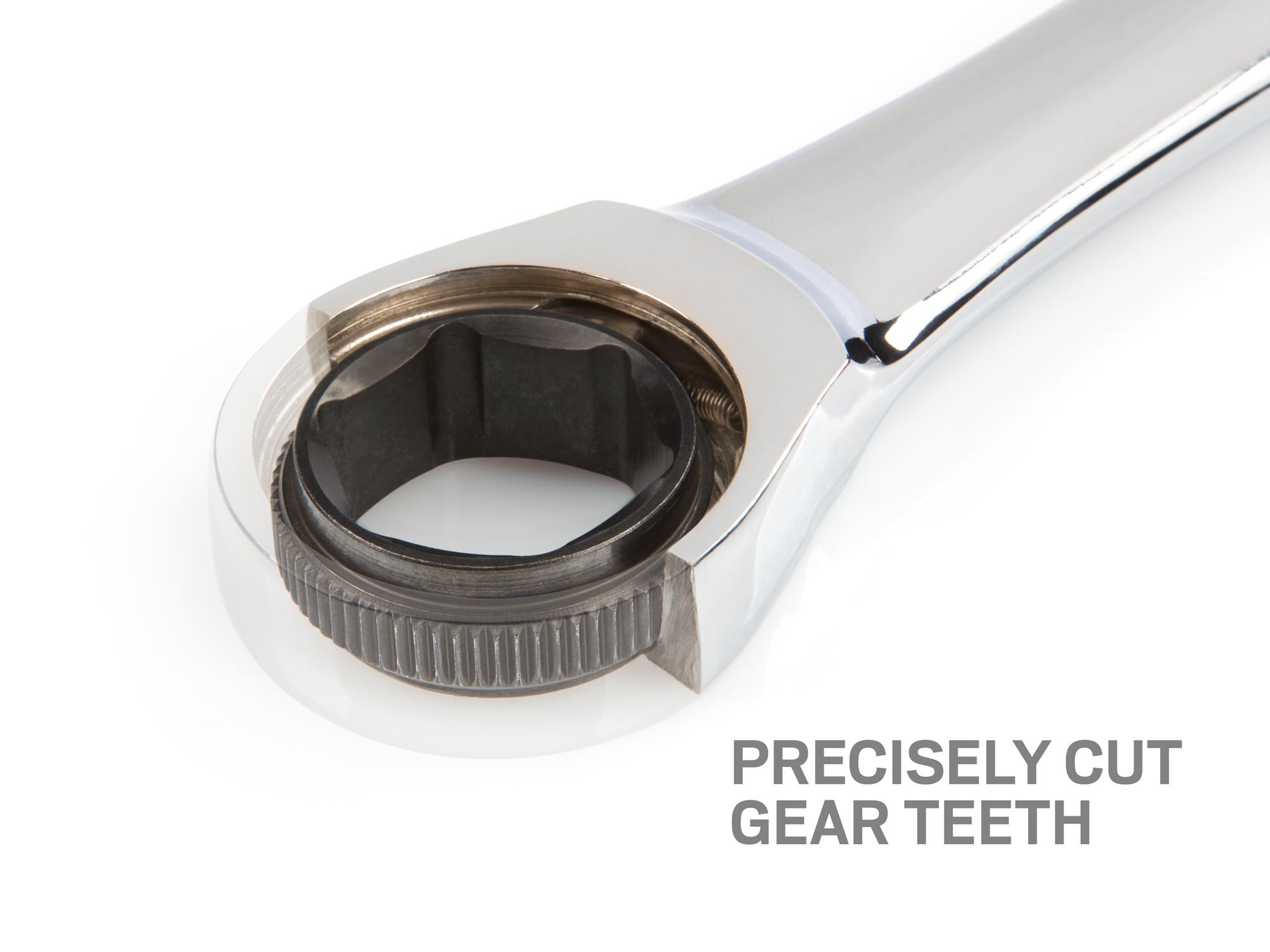 Closeup view of Tekton 15 millimeter ratcheting combination wrench set. Item #WRN50115