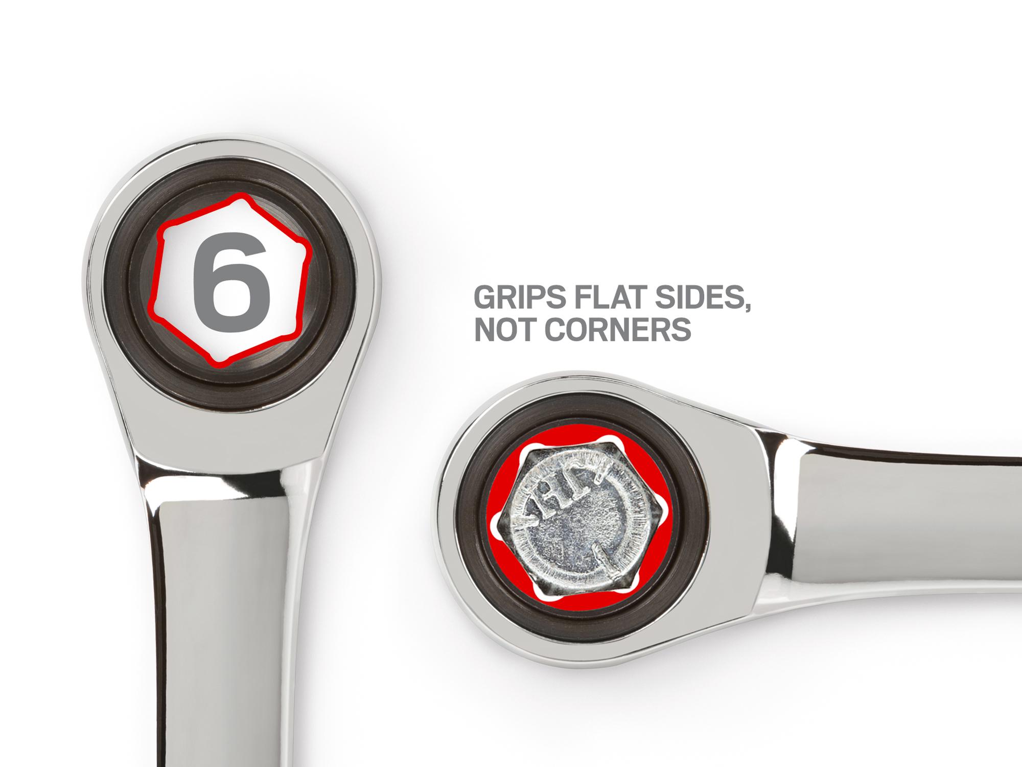 Side view of Tekton 15 millimeter ratcheting combination wrench set. Item #WRN50115