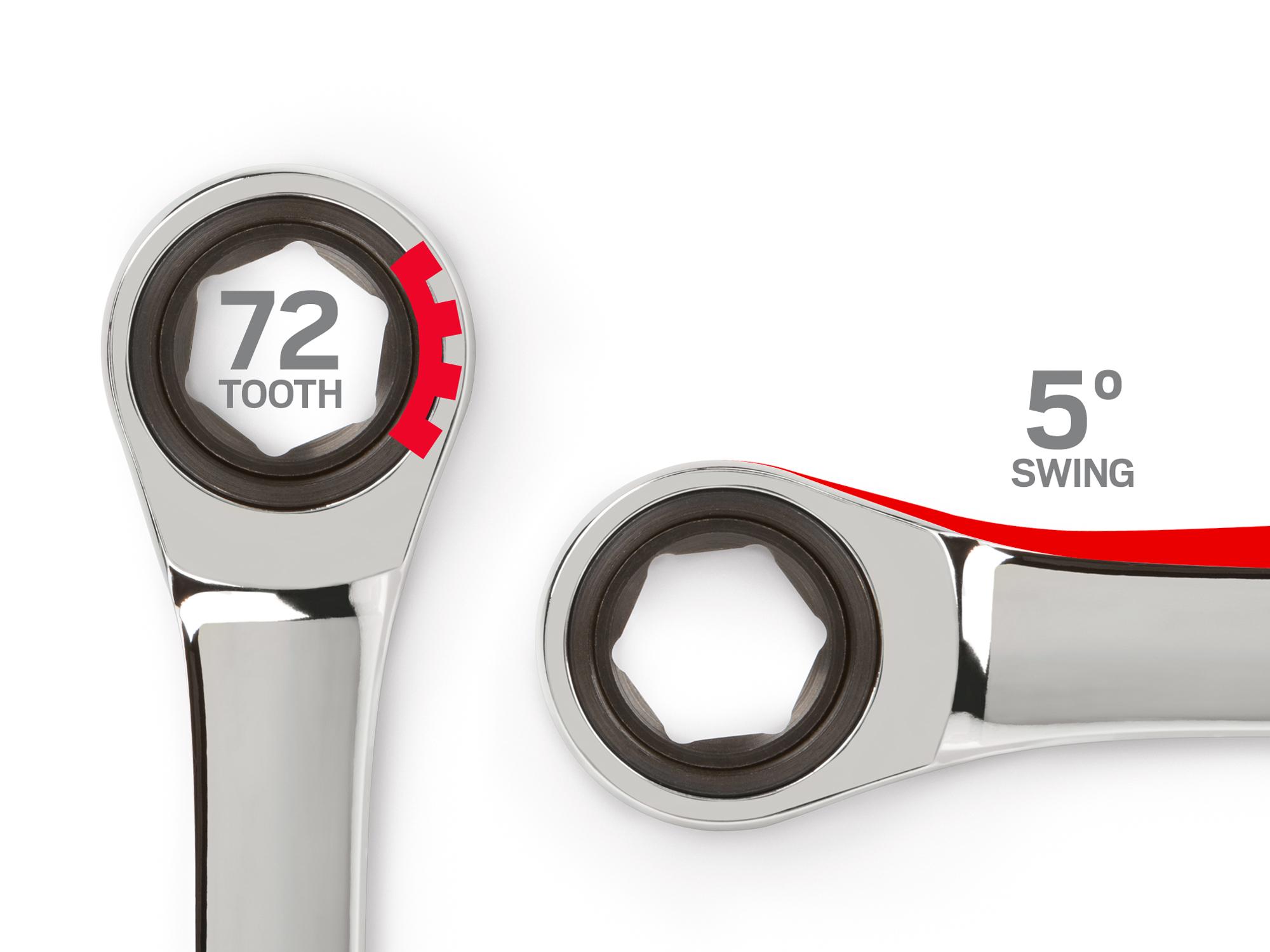 Second side view of Tekton 15 millimeterratcheting combination wrench. Item #WRN50115