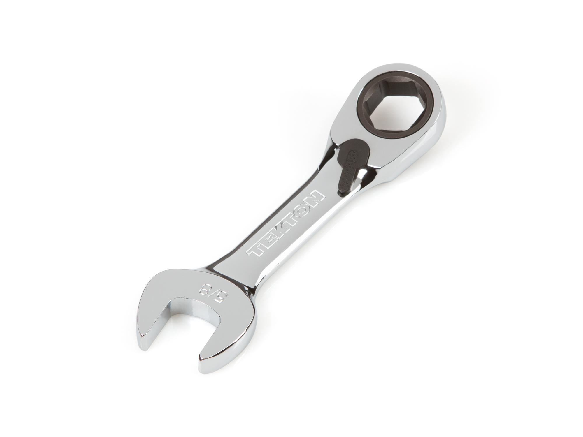 Front-right angle view of Tekton ratcheting combination wrench. Item #WRN51012