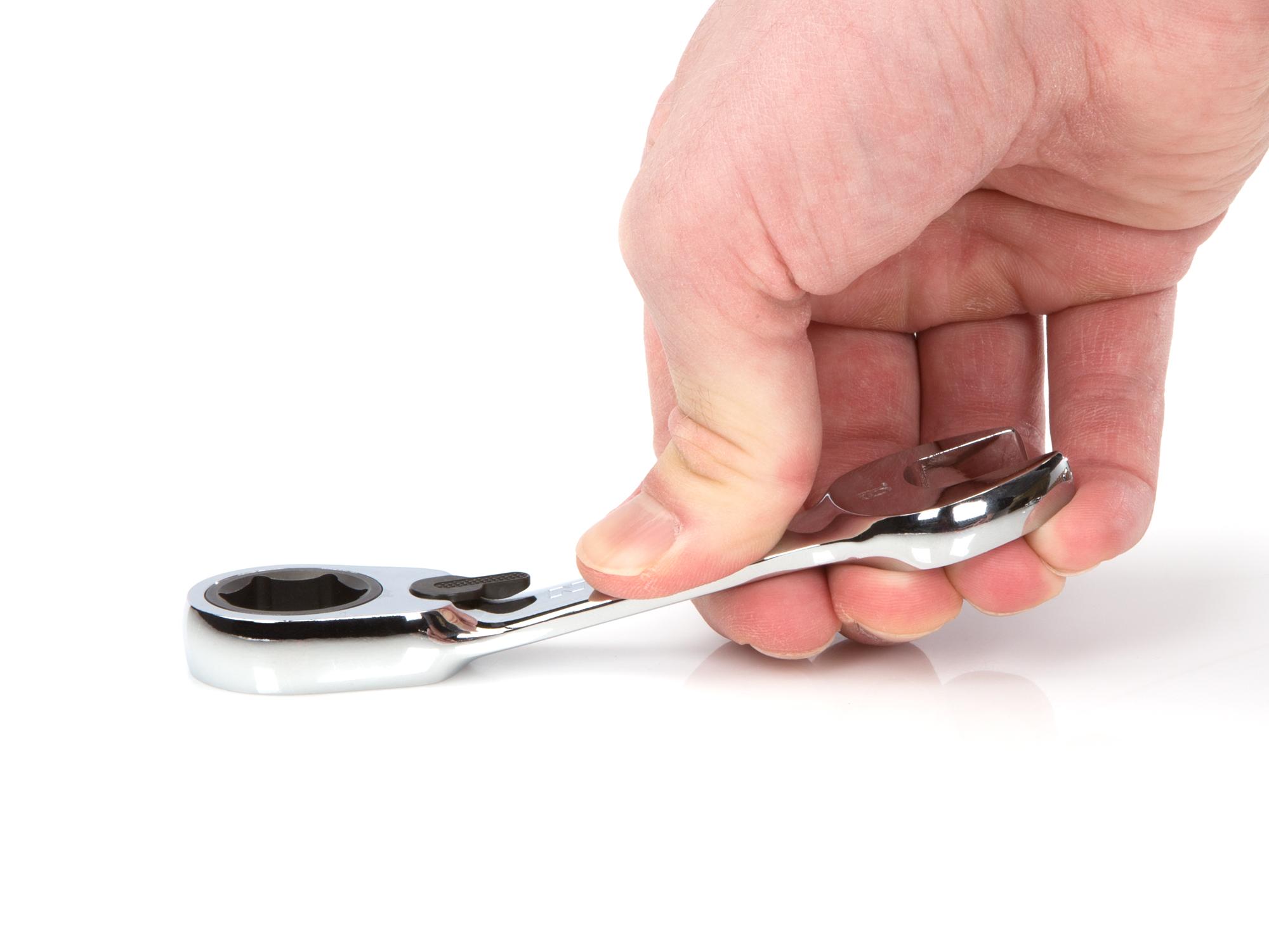 Closeup view of Tekton ratcheting combination wrench. Item #WRN51013