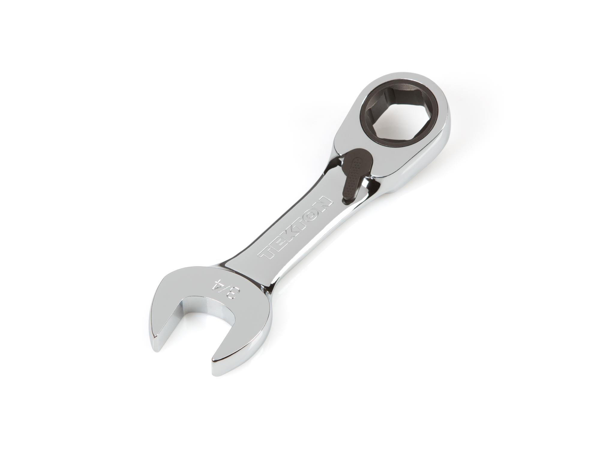 Front-right angle view of Tekton ratcheting combination wrench. Item #WRN51014