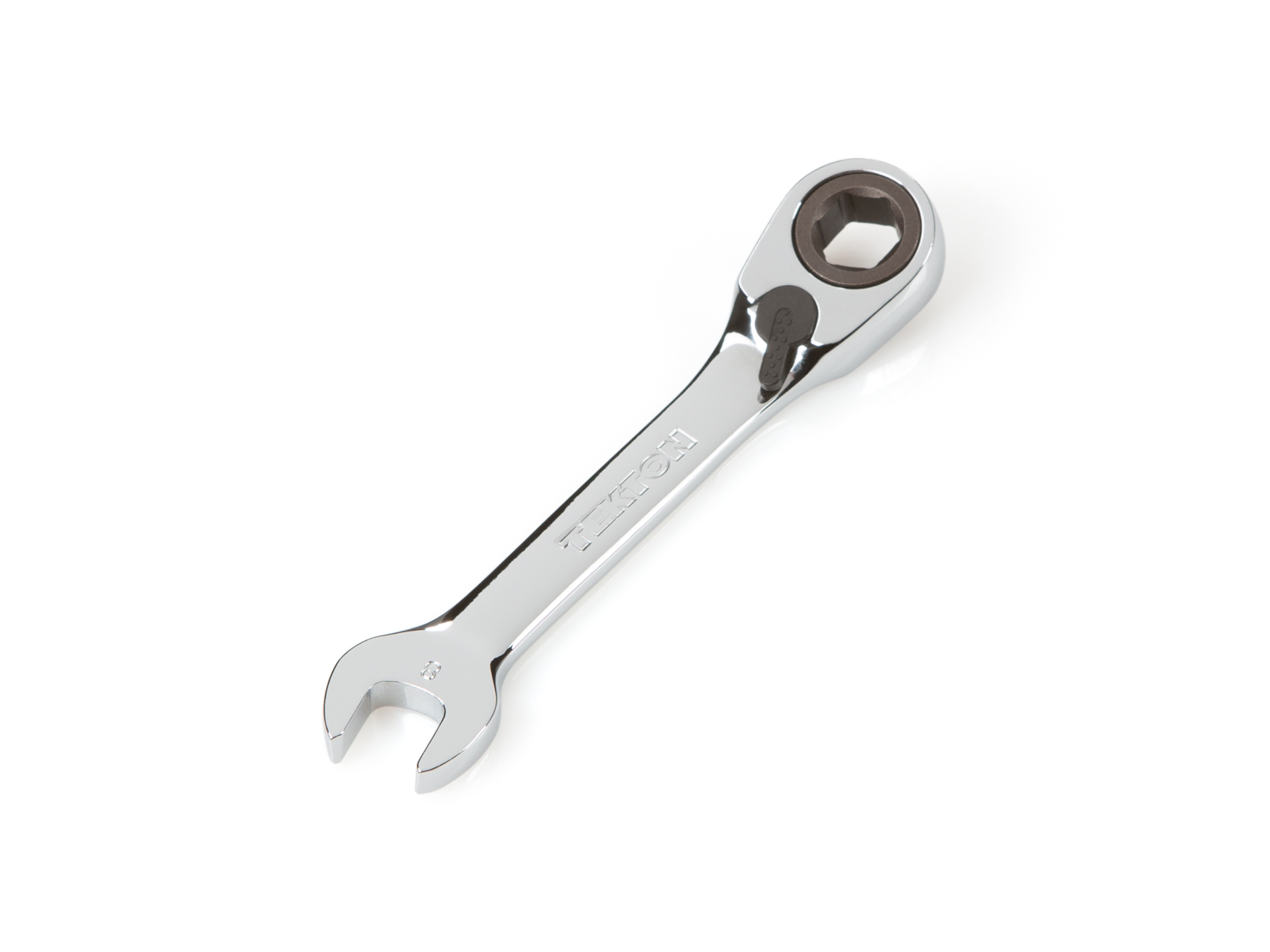 Front-right angle view of Tekton 8 millimeter ratcheting combination wrench set. Item #WRN51108