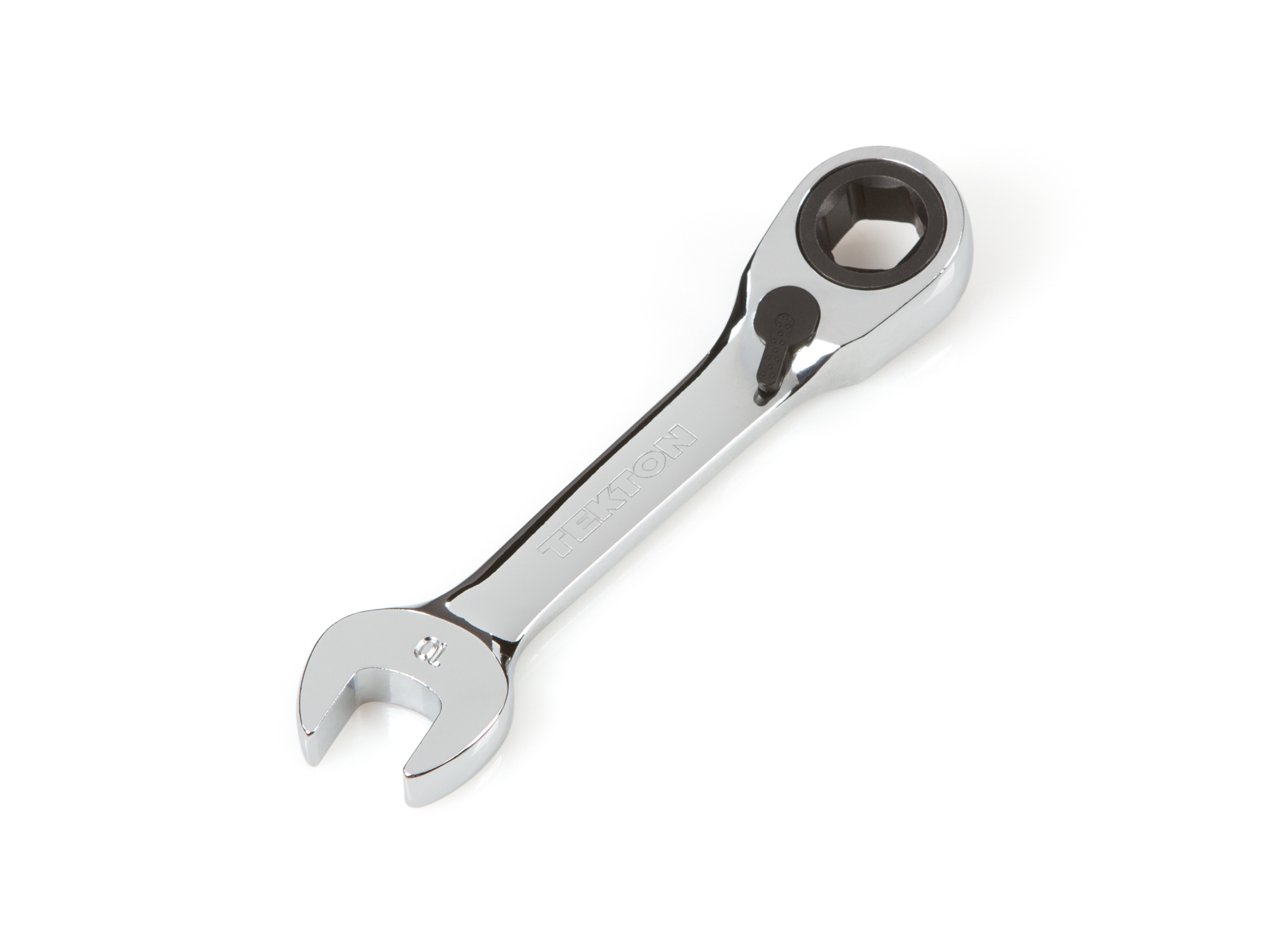 Front-right angle view of Tekton 10 millimeter ratcheting combination wrench set. Item #WRN51110