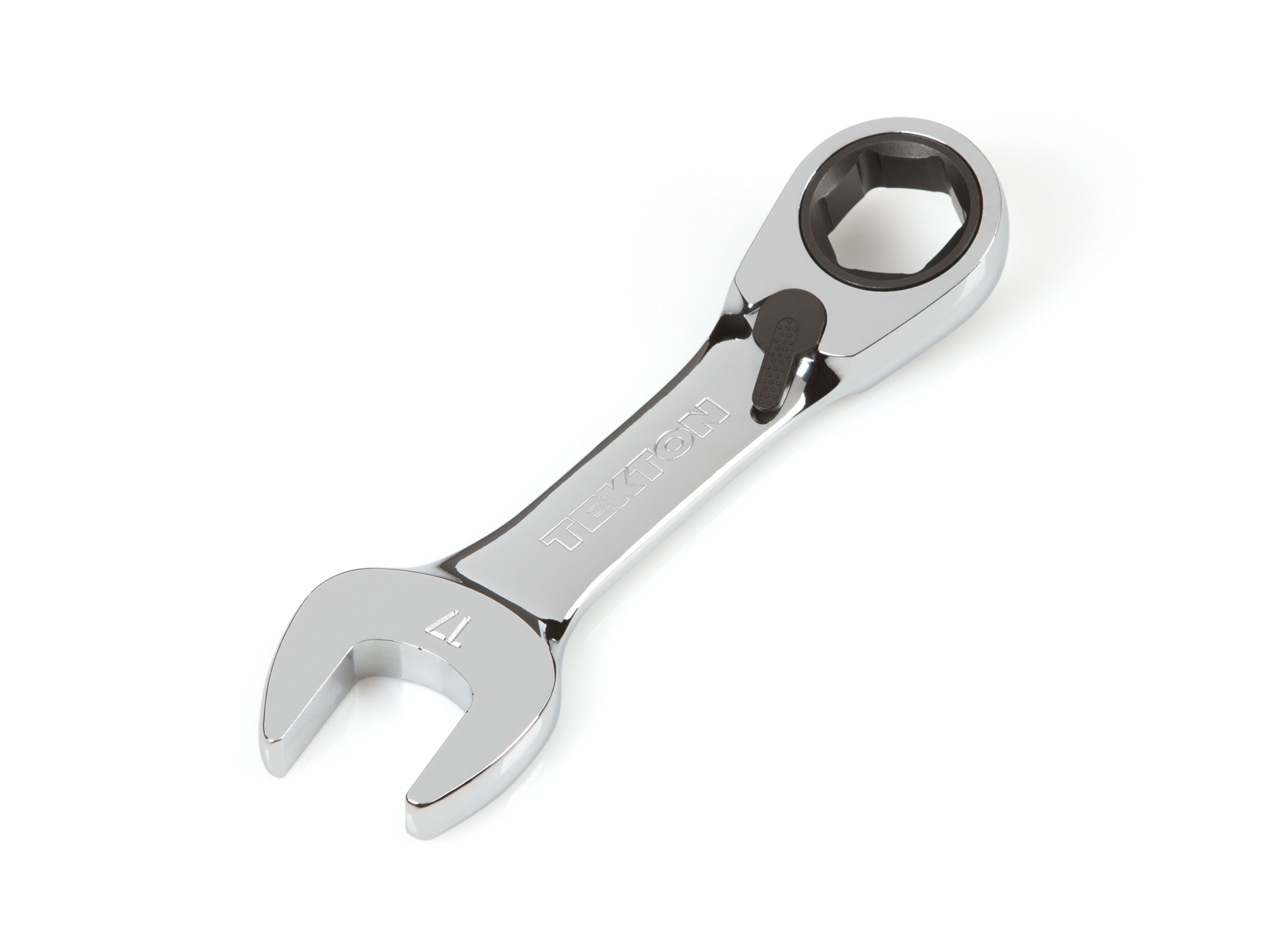 Front-right angle view of Tekton 17 millimeter ratcheting combination wrench set. Item #WRN51117