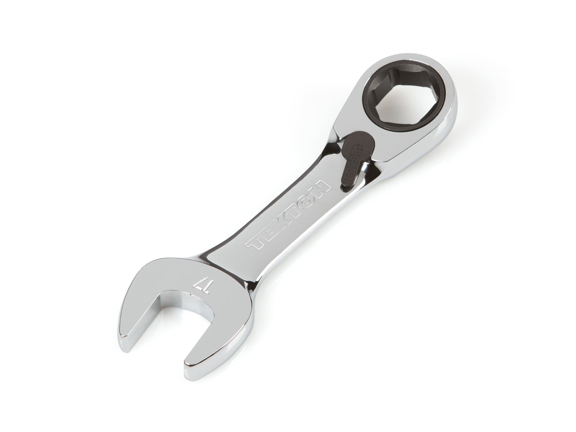 Front-right angle view of Tekton ratcheting combination wrench. Item #WRN51117