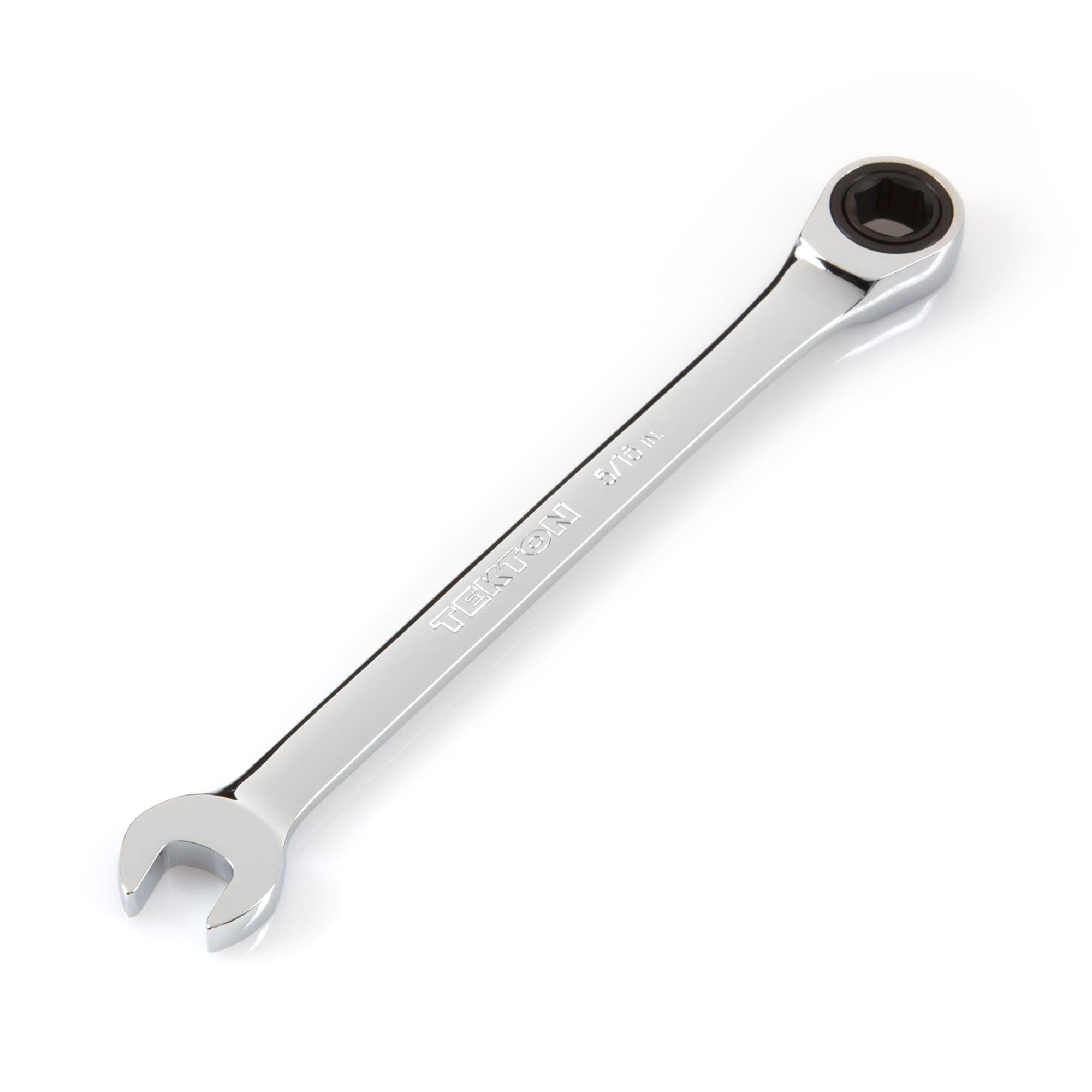 Front-right angle view of Tekton 5/16 inch ratcheting combination wrench. Item #WRN53006