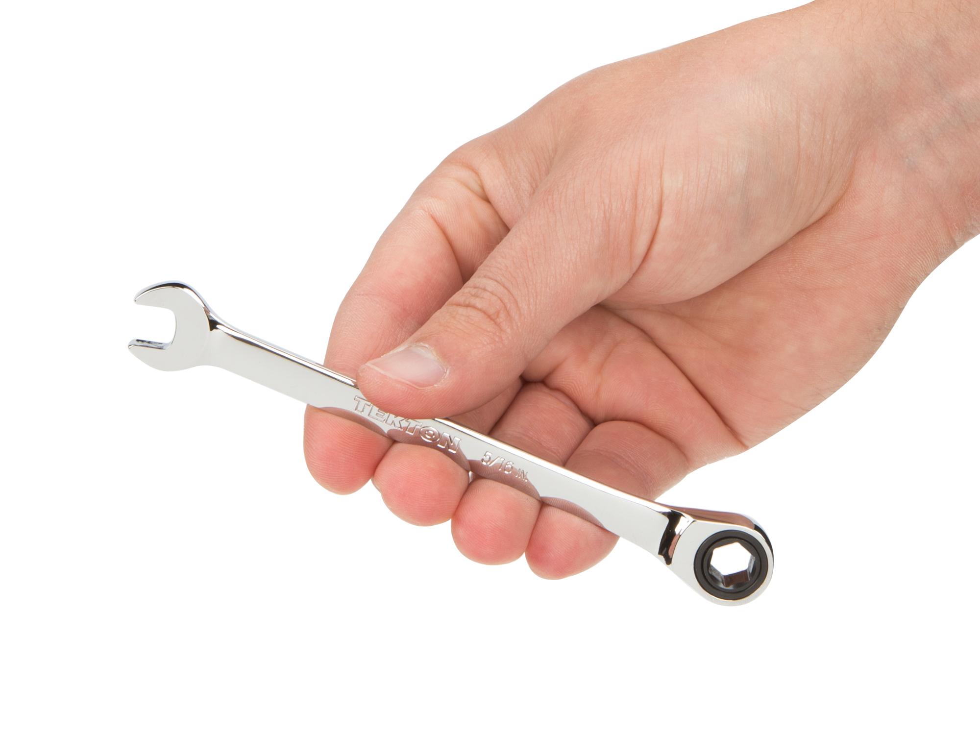 Person holding Tekton 5/16 inch ratcheting combination wrench. Item #WRN53006