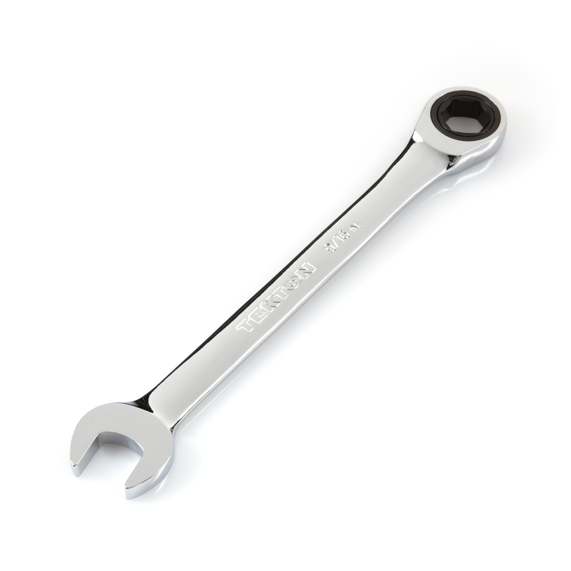 Front-right angle view of Tekton 9/16 inch ratcheting combination wrench set. Item #WRN53011