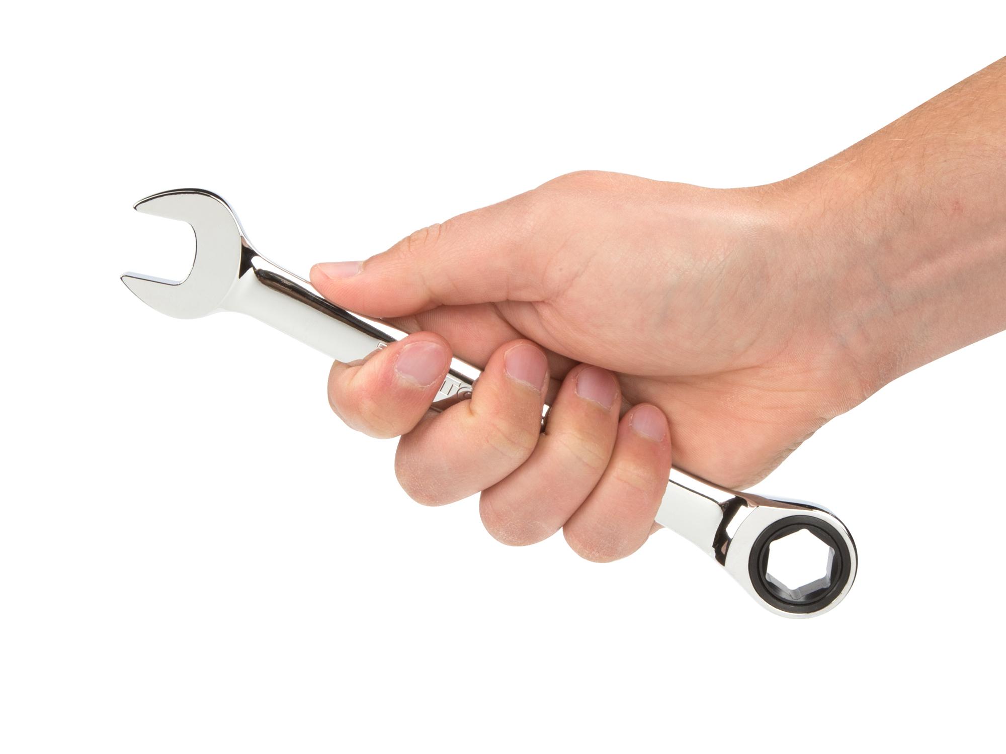 Person holding Tekton ratcheting combination wrench. Item #WRN53012