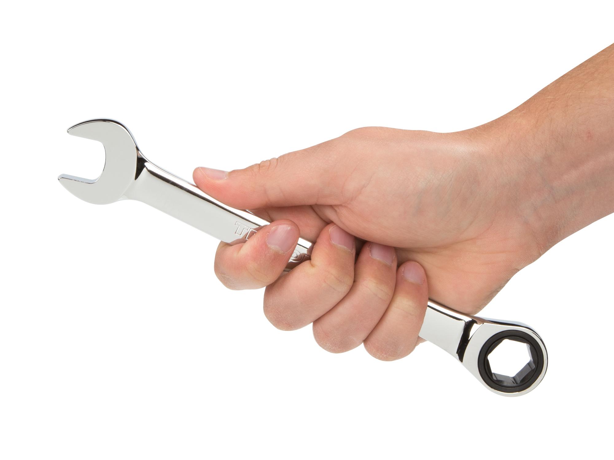 Person holding Tekton ratcheting combination wrench. Item #WRN53013