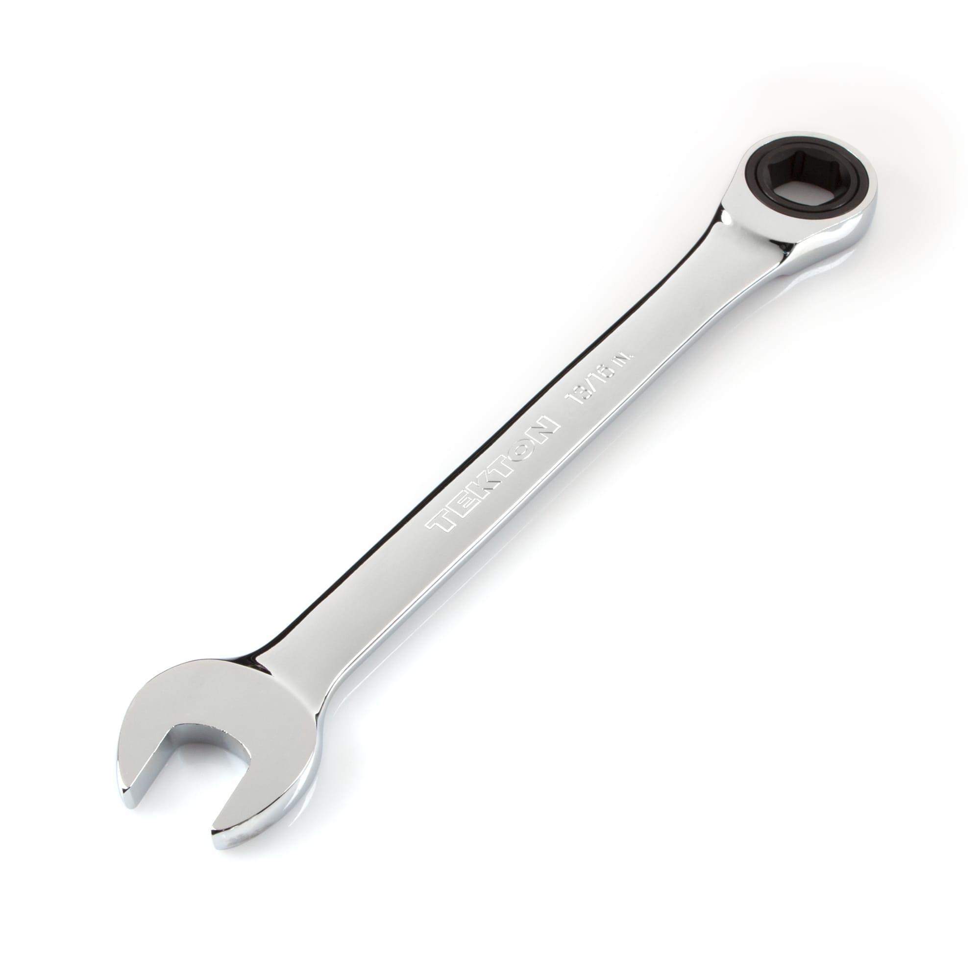 Front-right angle view of Tekton ratcheting combination wrench. Item #WRN53015