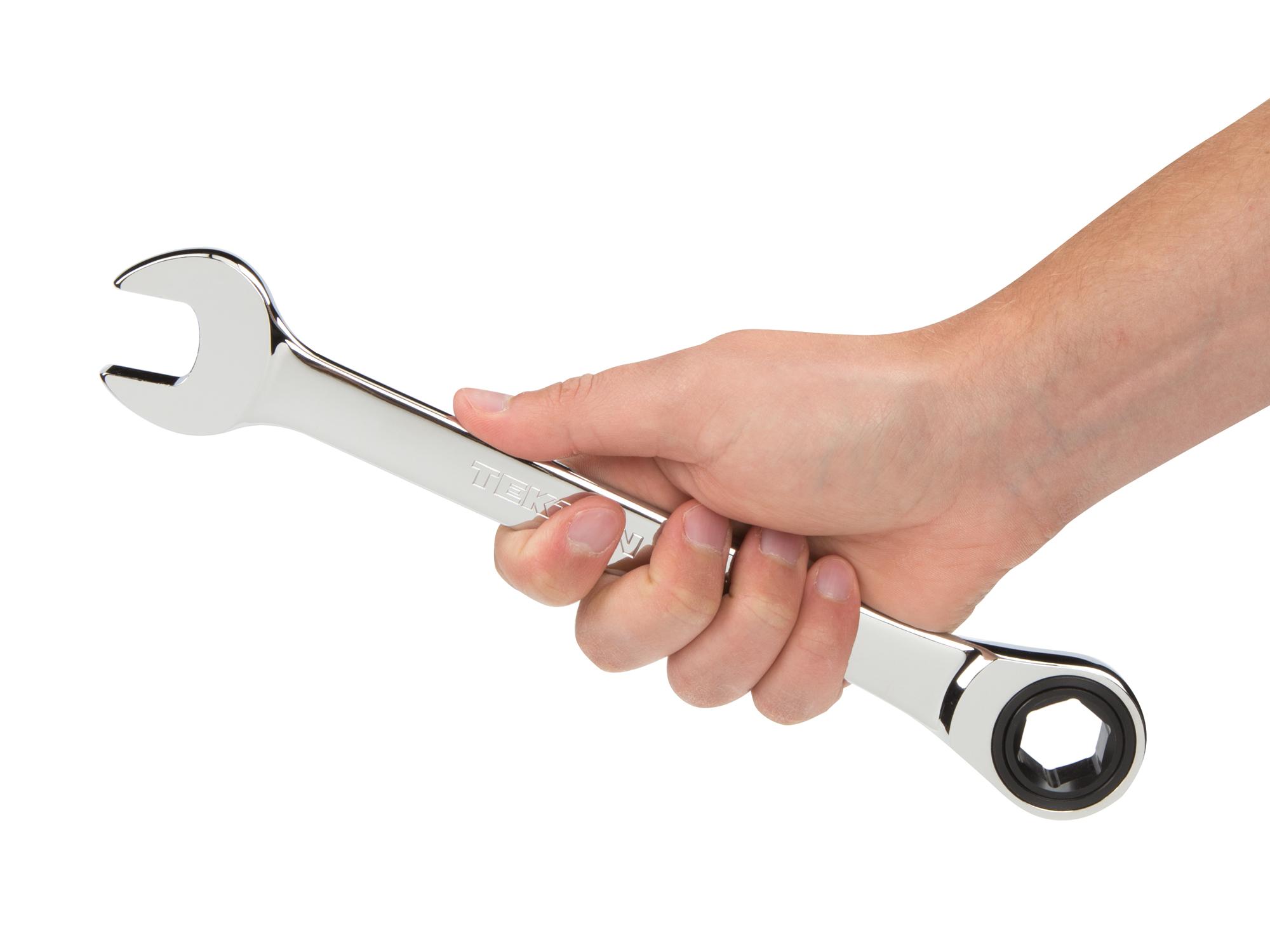 Person holding Tekton ratcheting combination wrench. Item #WRN53015