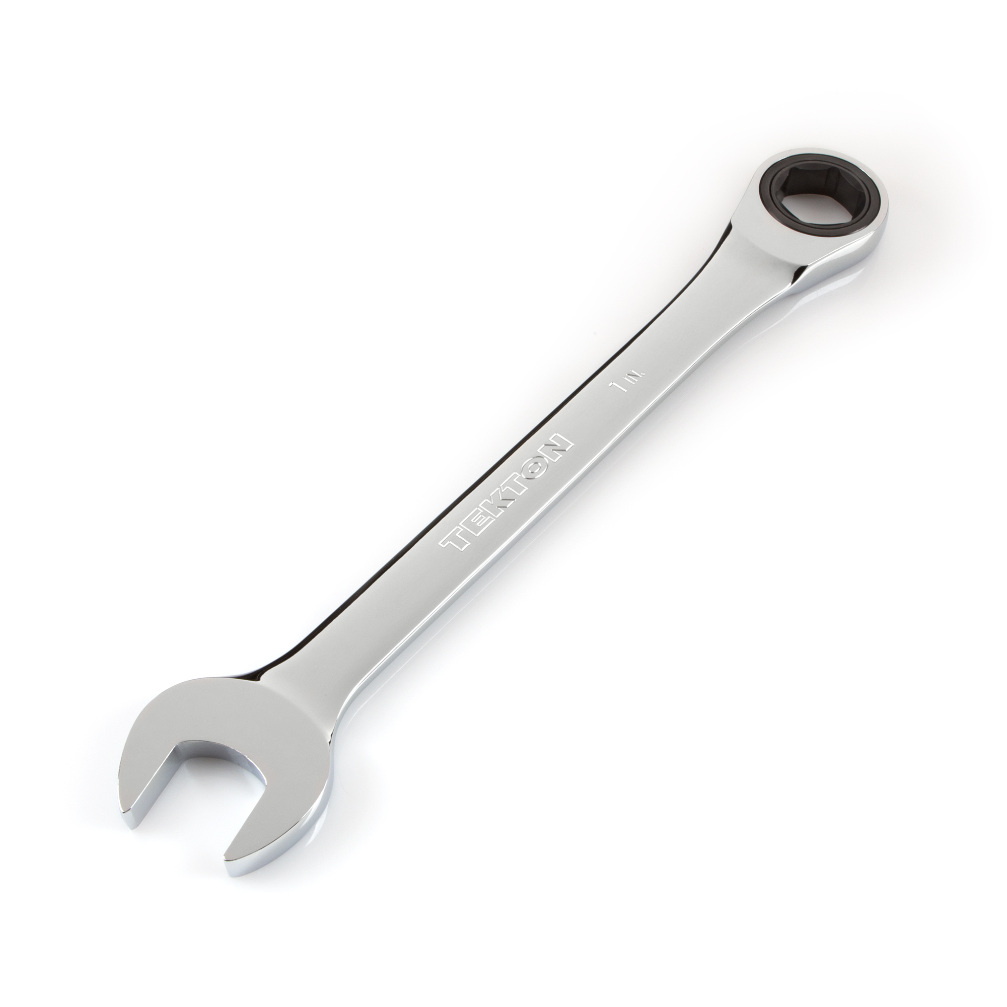 Front-right angle view of Tekton 1 inch ratcheting combination wrench set. Item #WRN53018