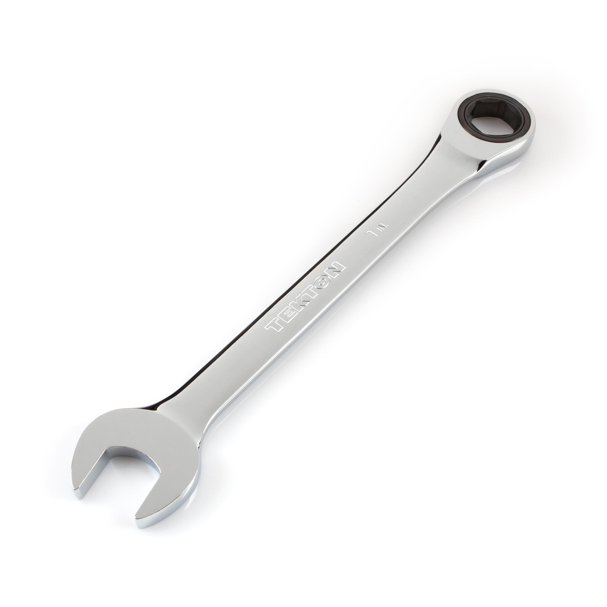 Front-right angle view of Tekton ratcheting combination wrench. Item #WRN53018