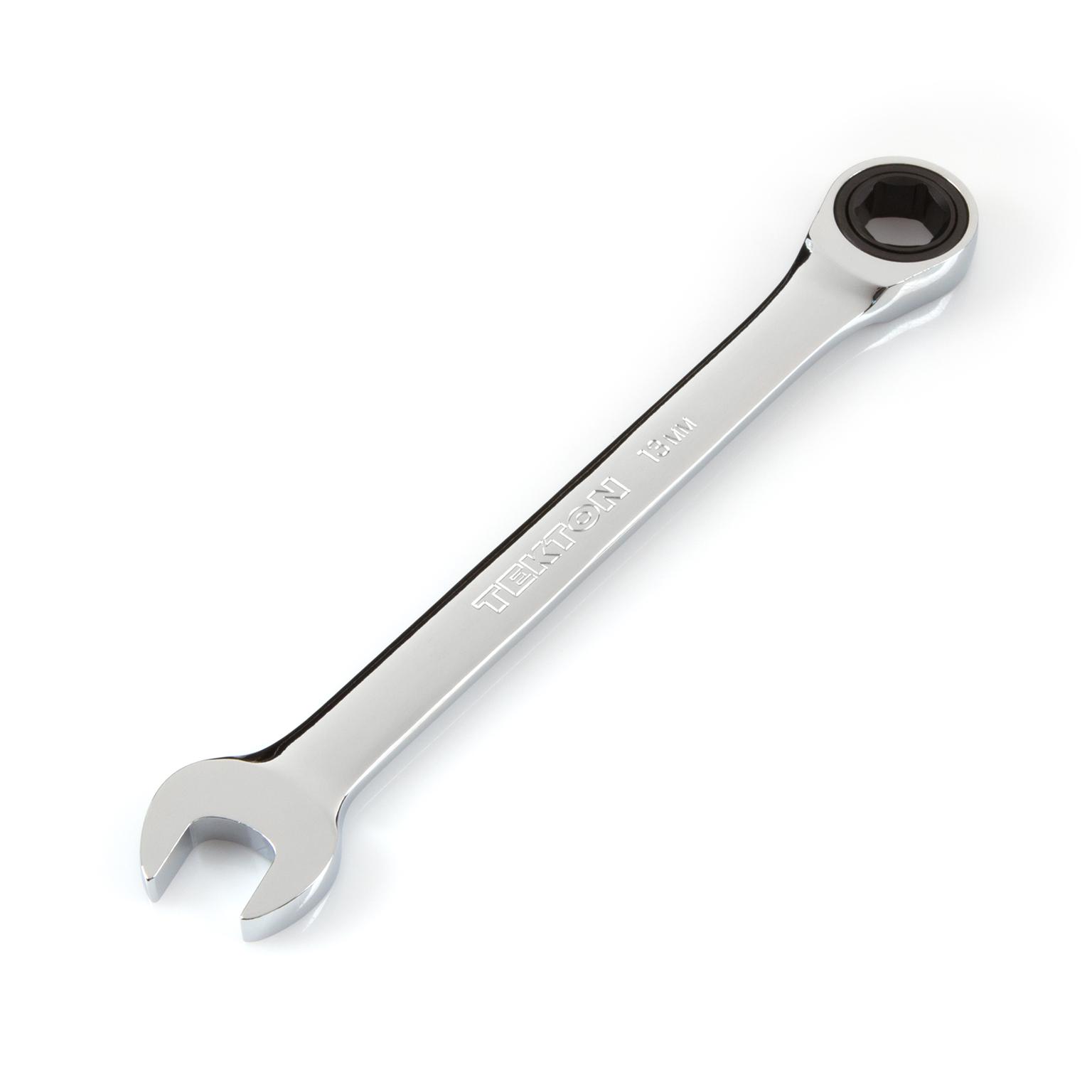 Front-right angle view of Tekton 13 millimeter ratcheting combination wrench set. Item #WRN53113
