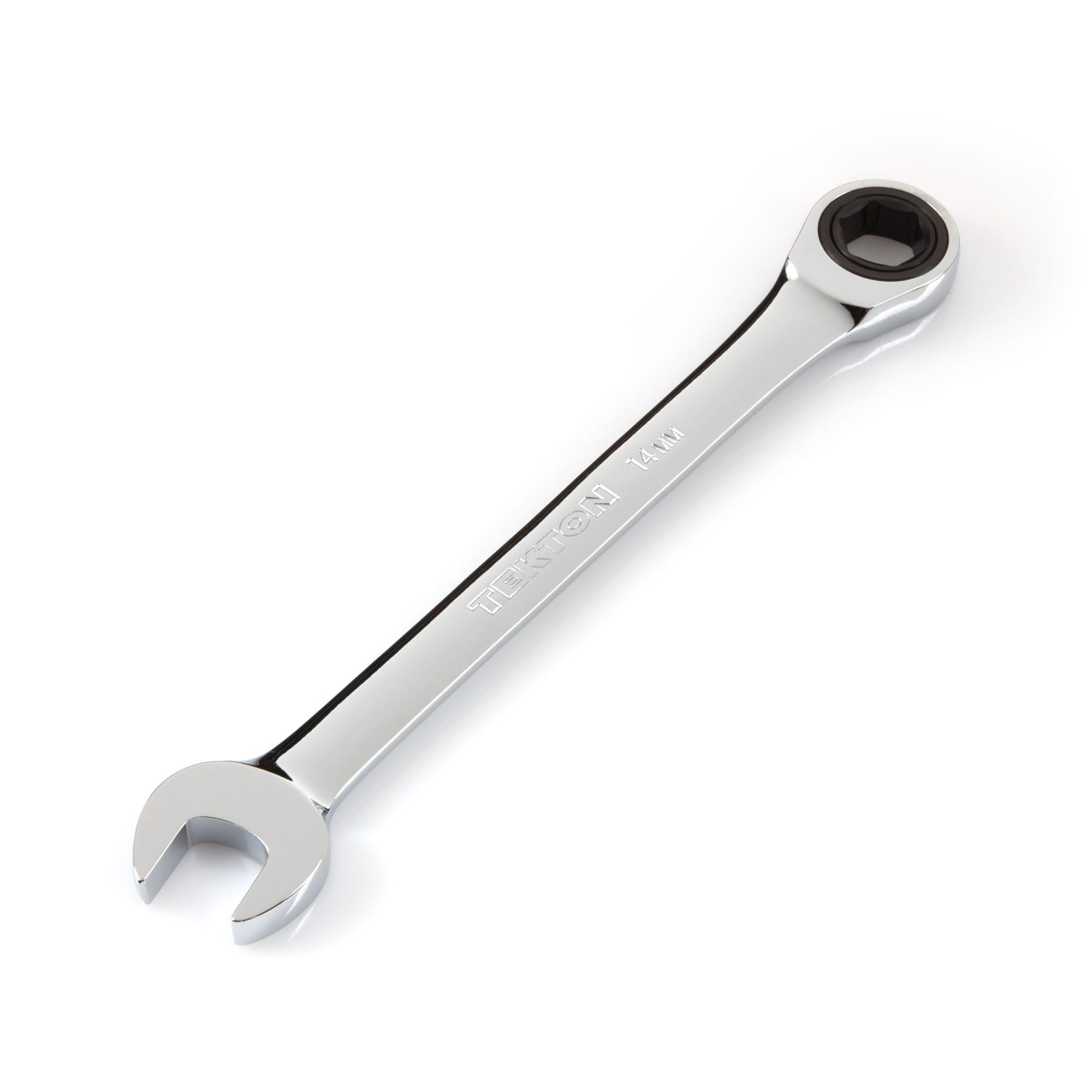 Front-right angle view of Tekton 14 millimeter ratcheting combination wrench set. Item #WRN53114