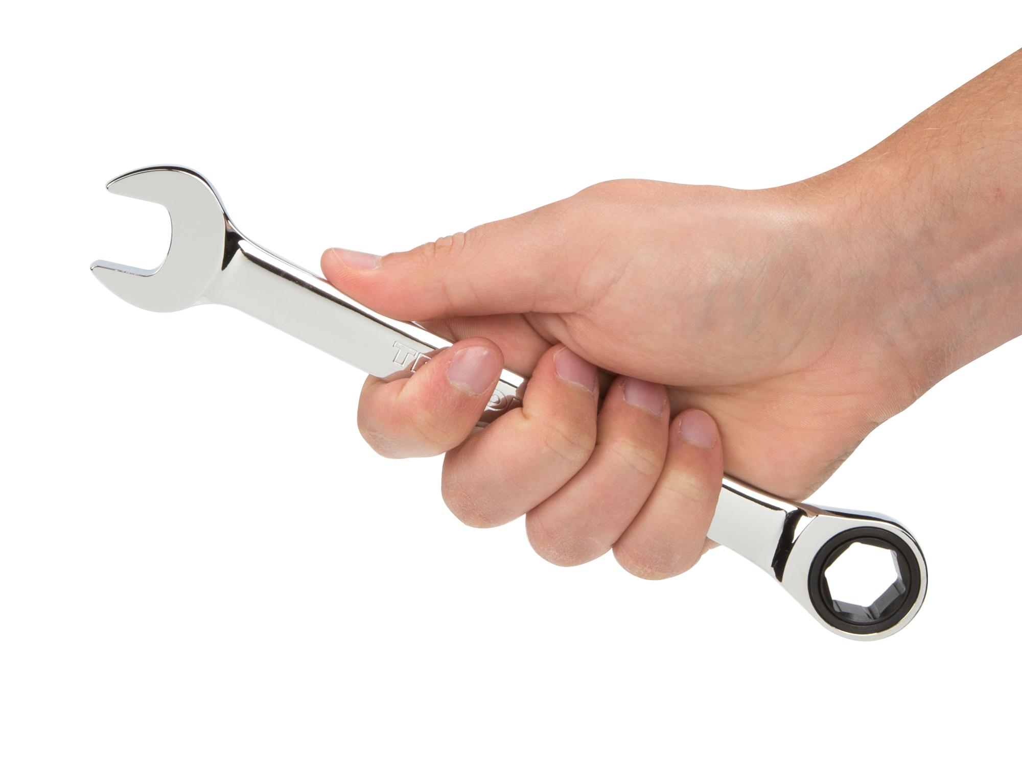 Person holding Tekton 14 millimeter ratcheting combination wrench set. Item #WRN53114