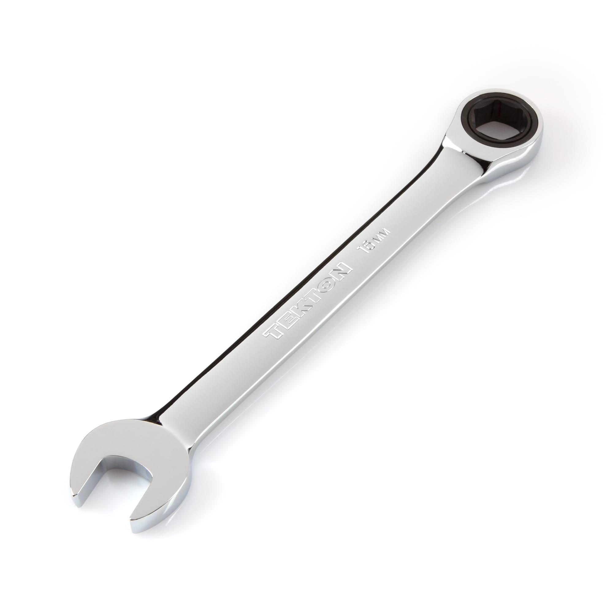 Front-right angle view of Tekton ratcheting combination wrench. Item #WRN53116