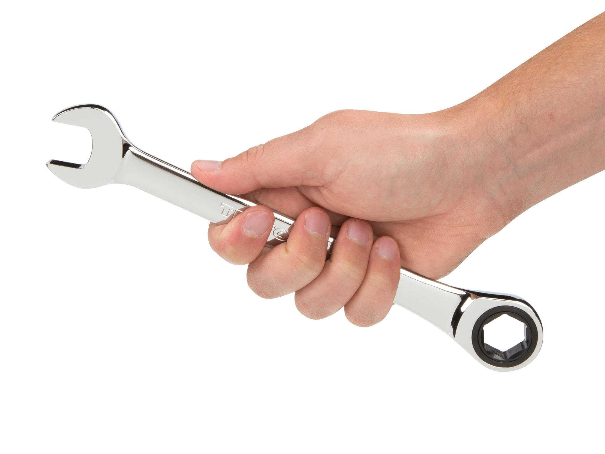 Person holding Tekton ratcheting combination wrench. Item #WRN53116