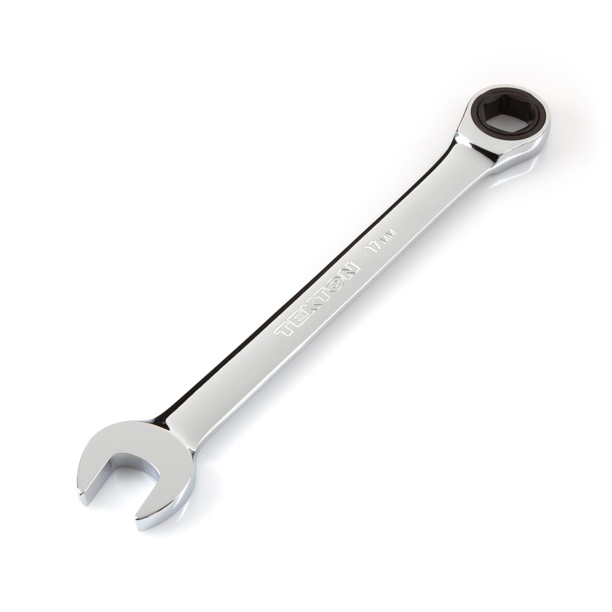 Front-right angle view of Tekton 17 millimeter ratcheting combination wrench. Item #WRN53117