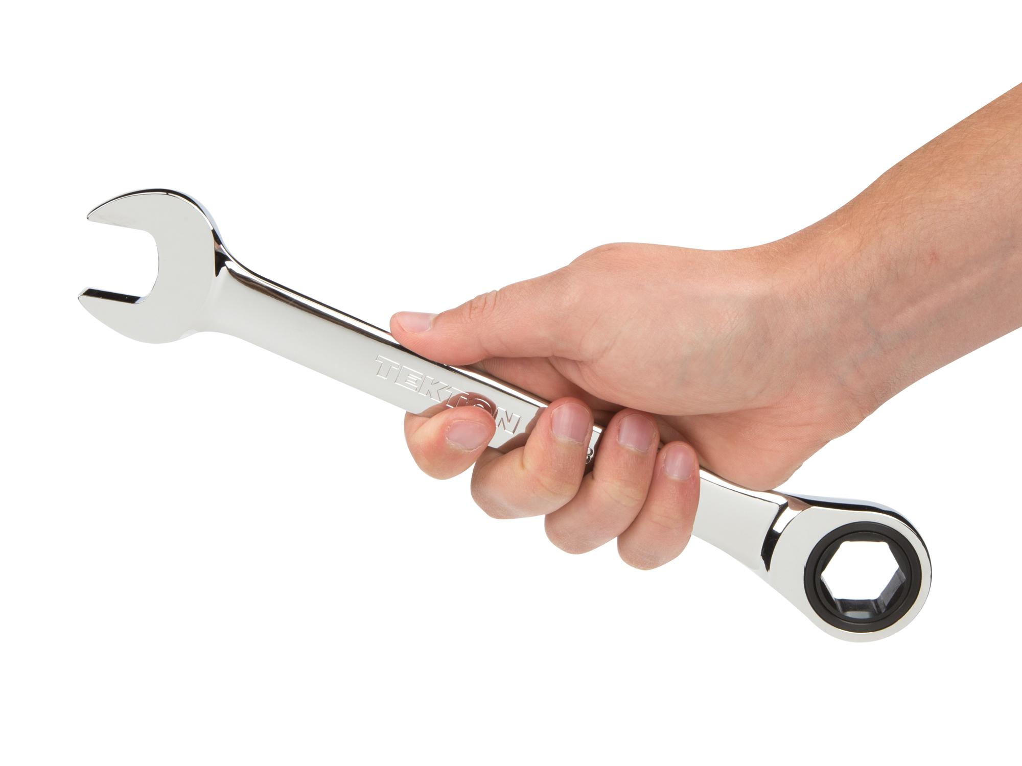 Person holding Tekton 17 millimeter ratcheting combination wrench. Item #WRN53117