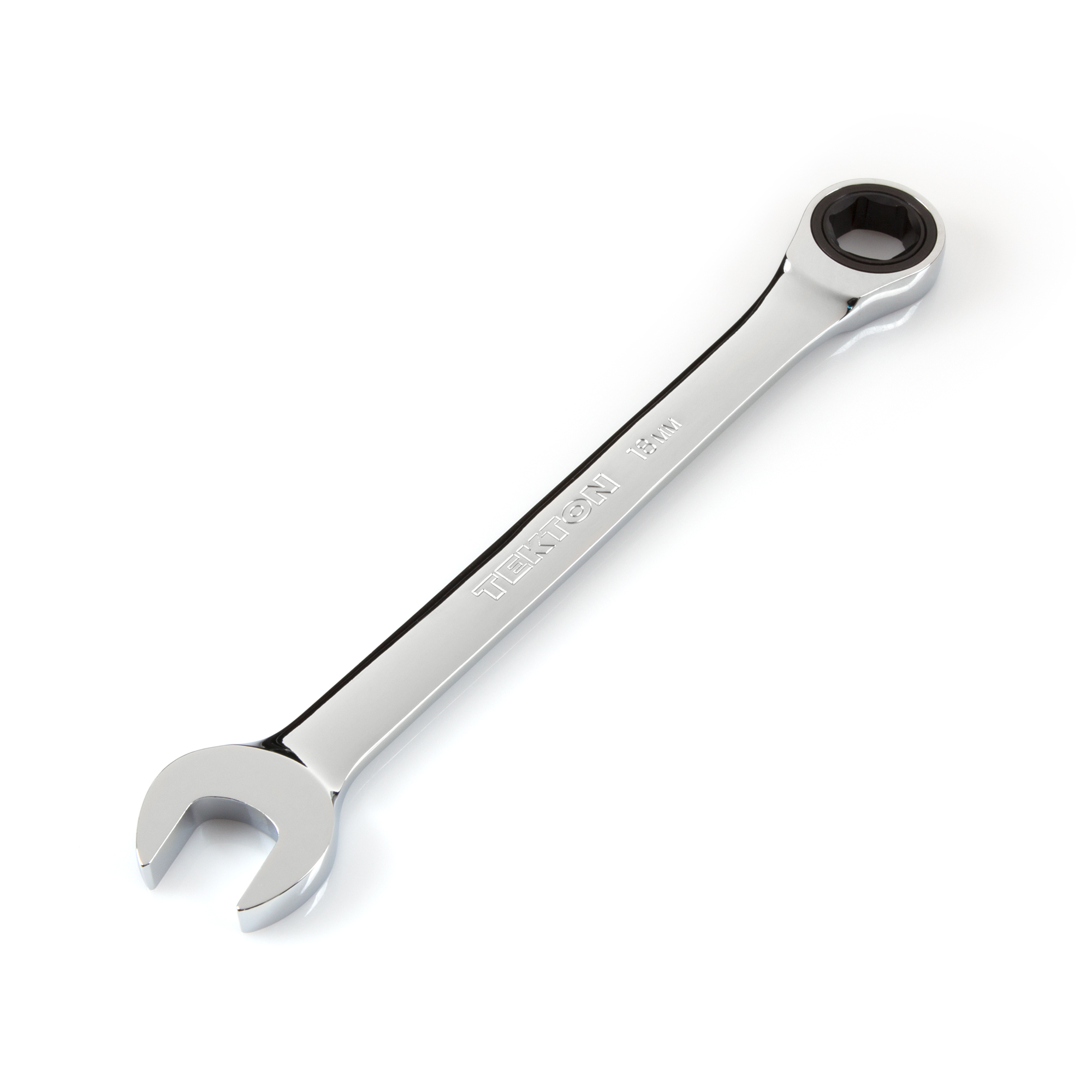 Front-right angle view of Tekton 18 millimeter ratcheting combination wrench set. Item #WRN53118