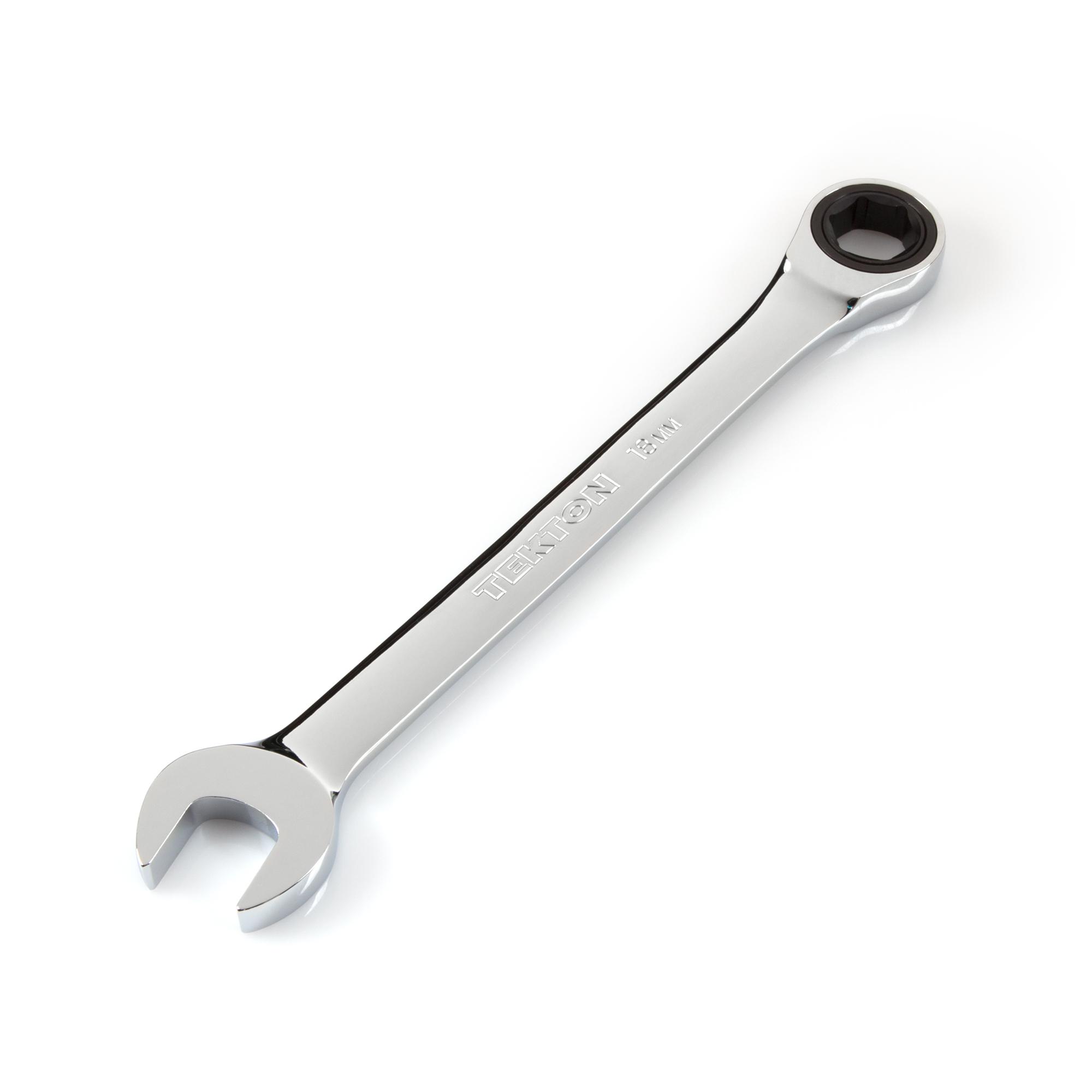 Front-right angle view of Tekton ratcheting combination wrench. Item #WRN53118