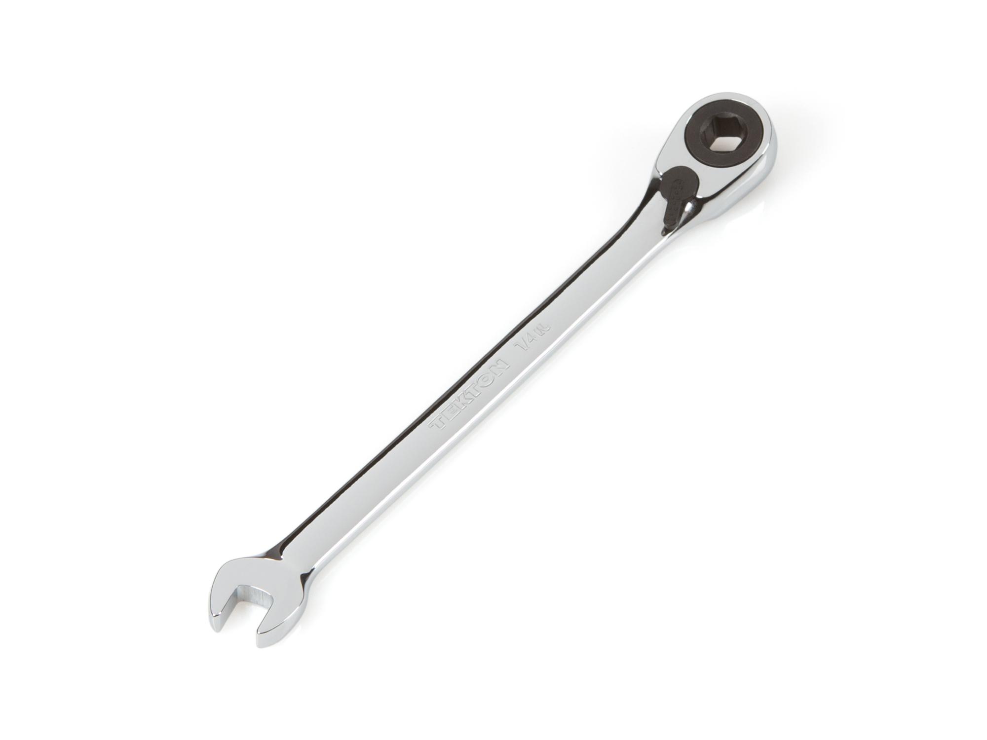 Front-right angle view of Tekton ratcheting combination wrench. Item #WRN56004