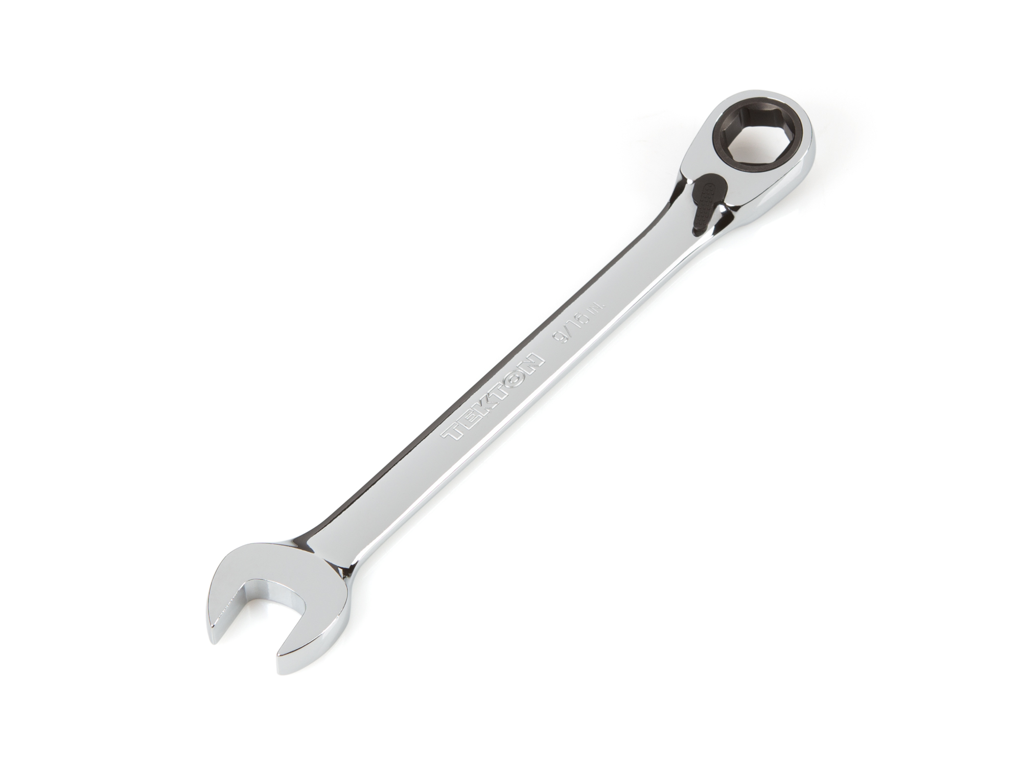 Front-right angle view of Tekton 9/16 inch ratcheting combination wrench set. Item #WRN56011