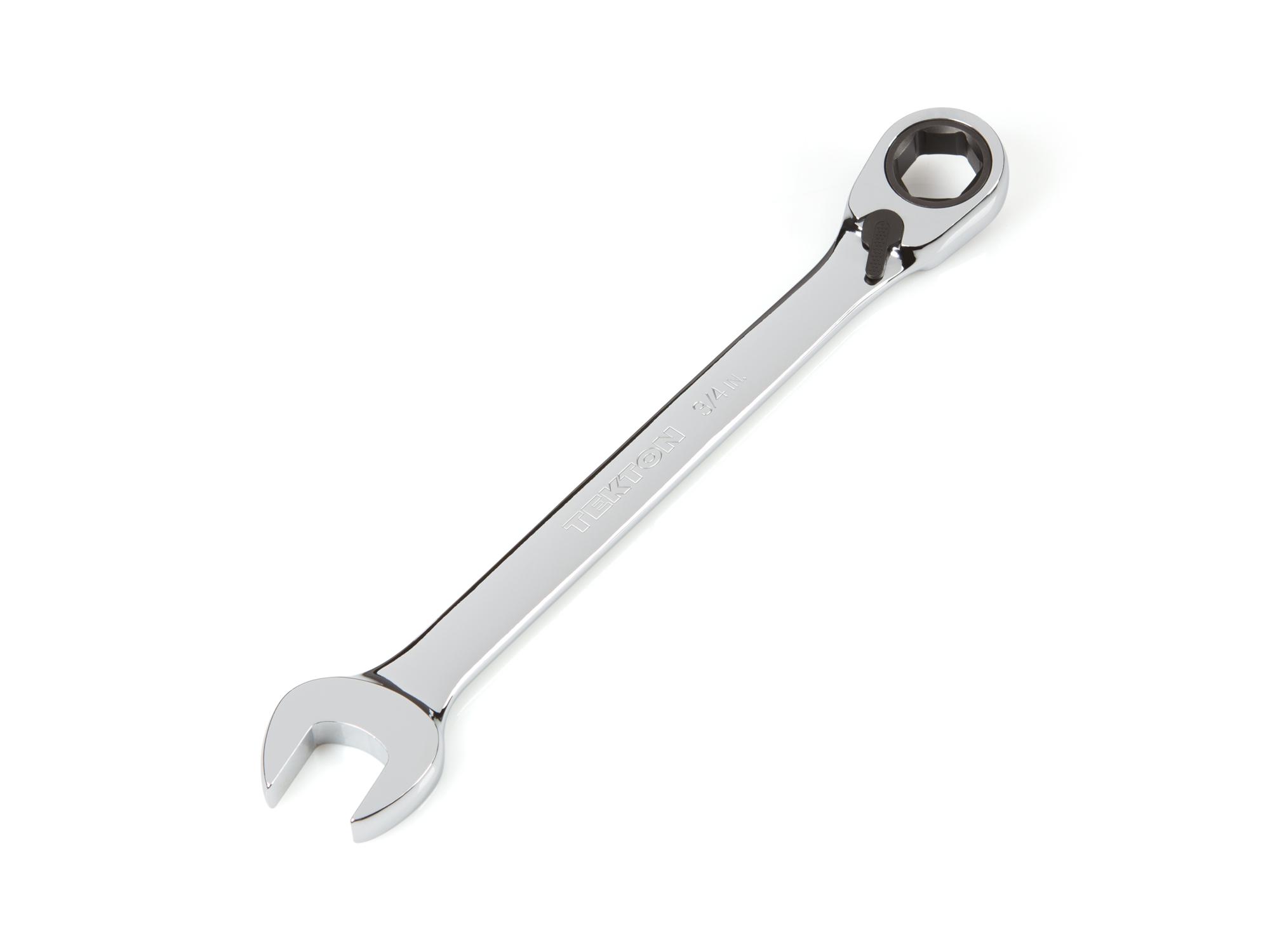 Front-right angle view of Tekton ratcheting combination wrench. Item #WRN56014