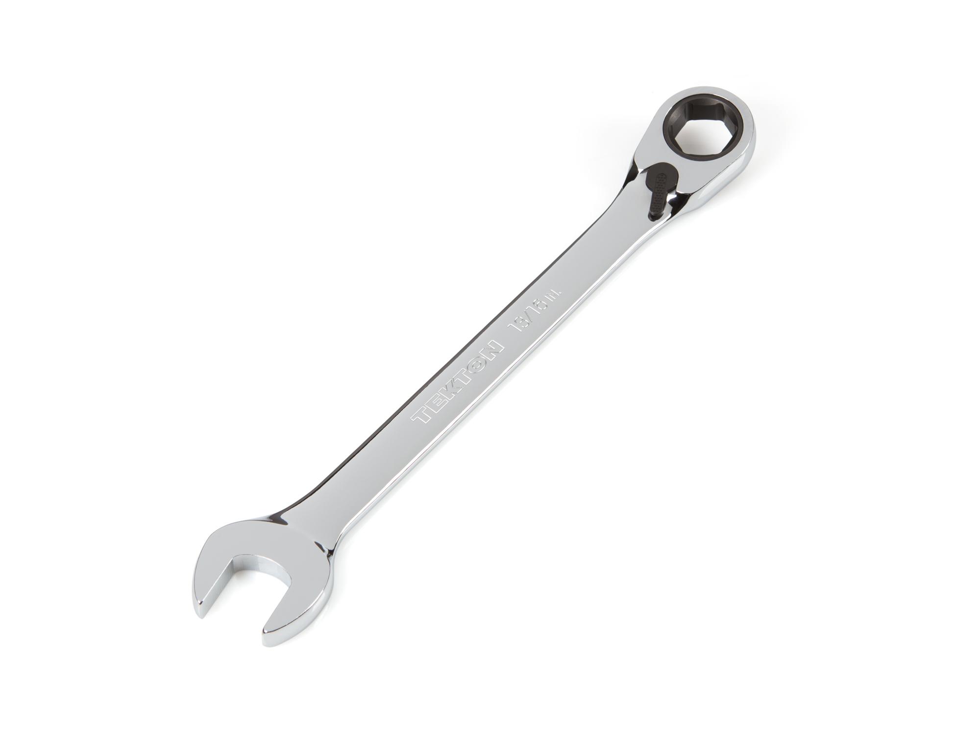 Front-right angle view of Tekton ratcheting combination wrench. Item #WRN56015