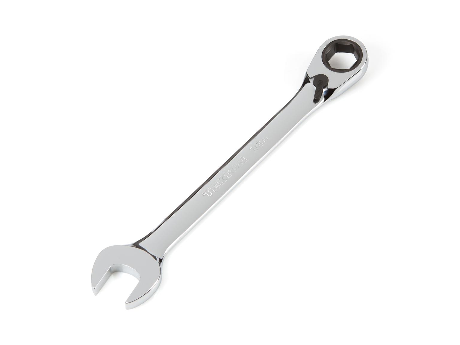 Front-right angle view of Tekton ratcheting combination wrench. Item #WRN56016