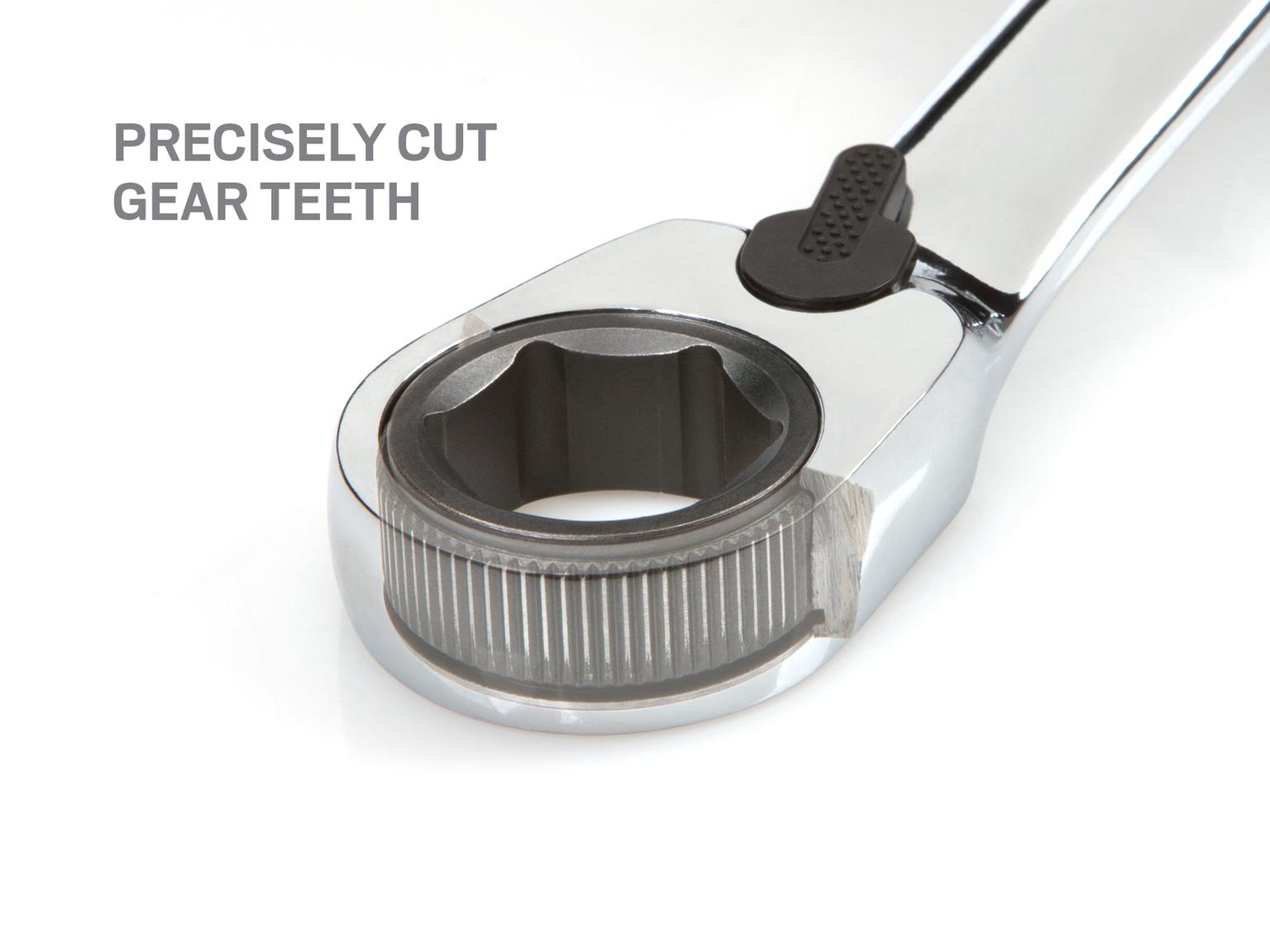 Closeup view of Tekton ratcheting combination wrench. Item #WRN56016