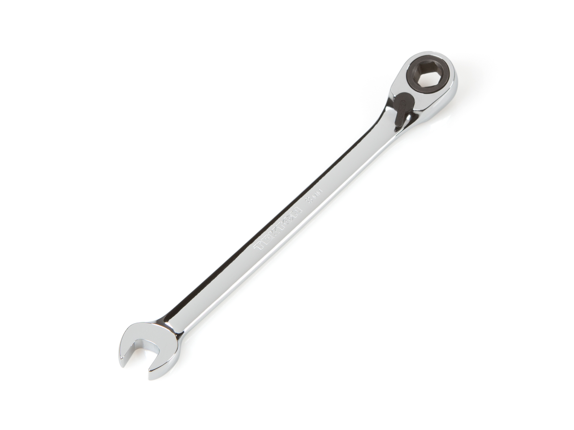 Front-right angle view of Tekton 8 millimeter ratcheting combination wrench set. Item #WRN56108