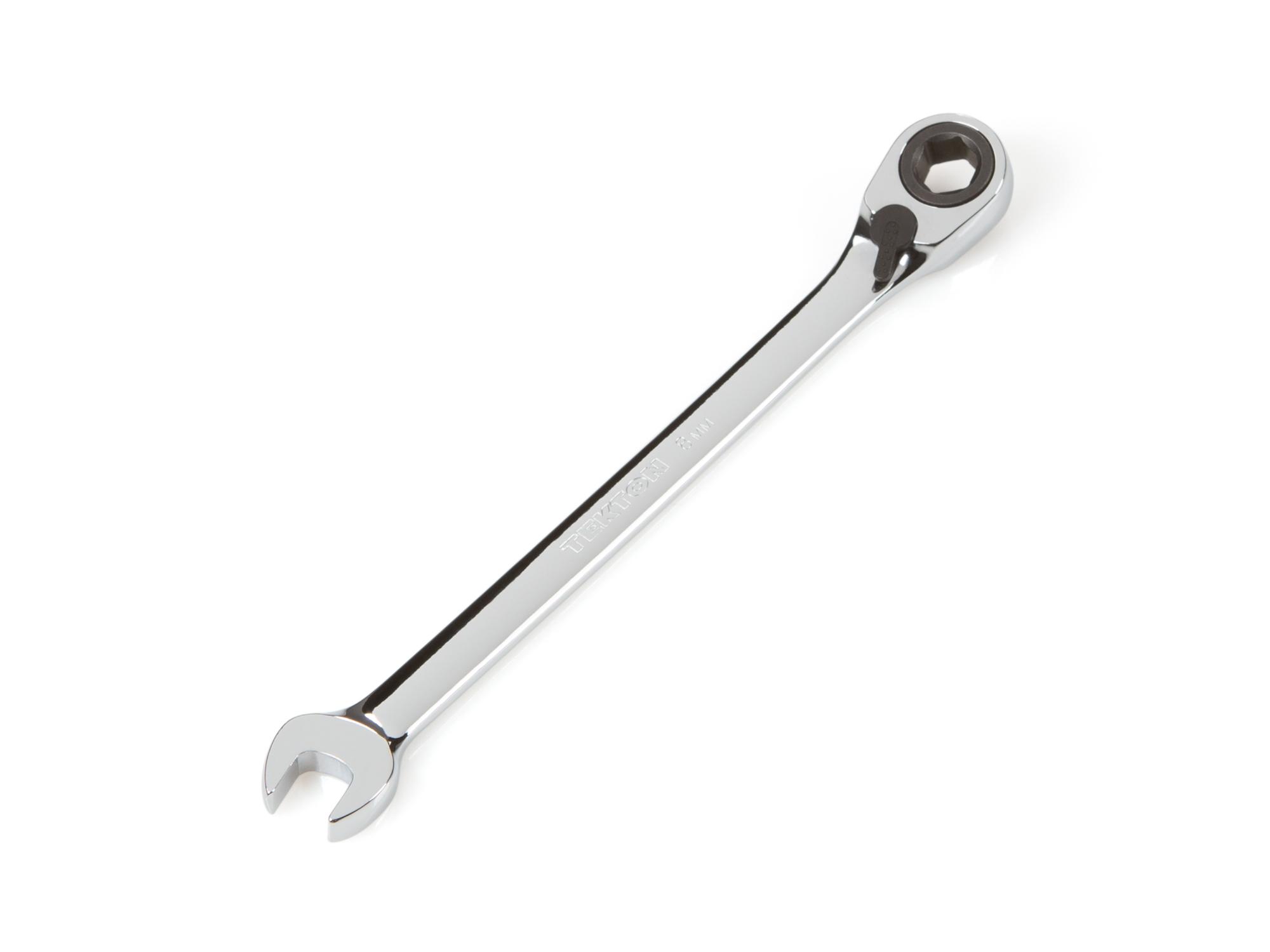 Front-right angle view of Tekton ratcheting combination wrench. Item #WRN56108