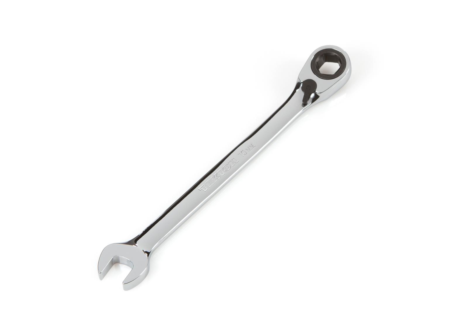 Front-right angle view of Tekton 10 millimeter ratcheting combination wrench set. Item #WRN56110