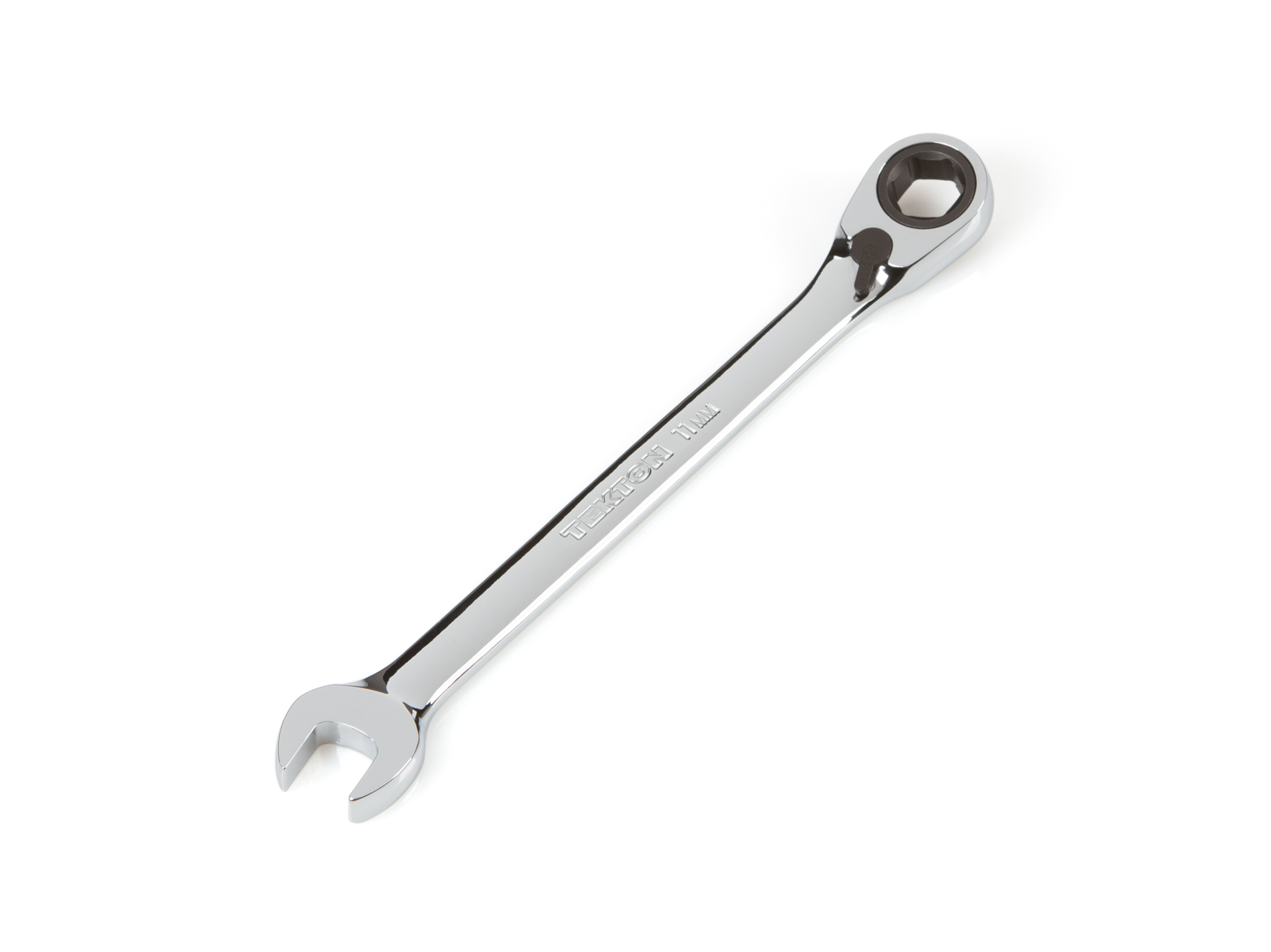 Front-right angle view of Tekton 11 millimeter ratcheting combination wrench set. Item #WRN56111