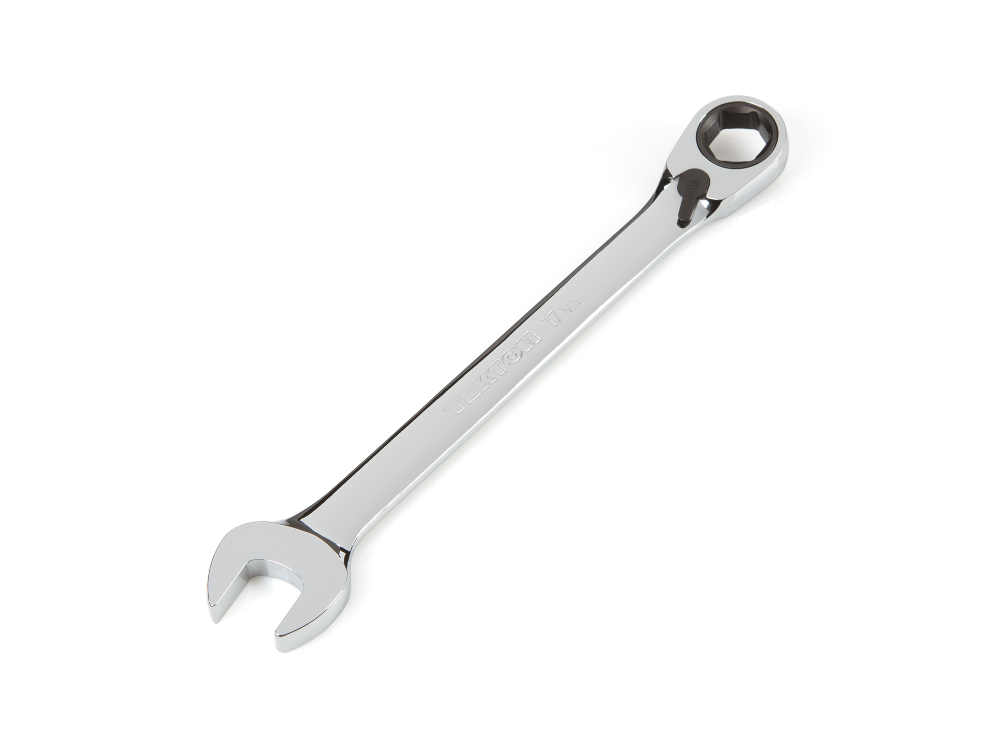 Front-right angle view of Tekton 17 millimeter ratcheting combination wrench set. Item #WRN56117