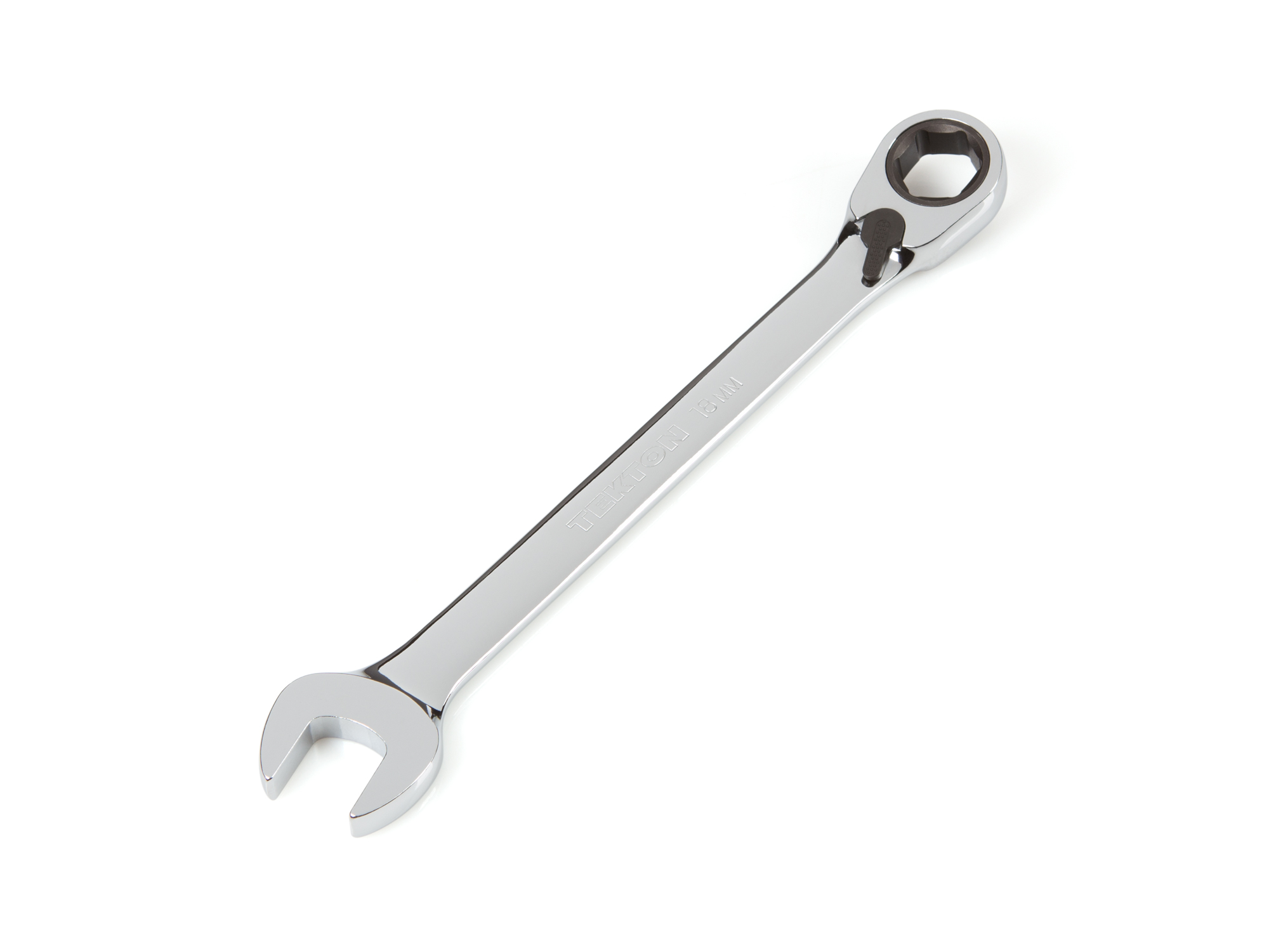 Front-right angle view of  Tekton 18 millimeter ratcheting combination wrench