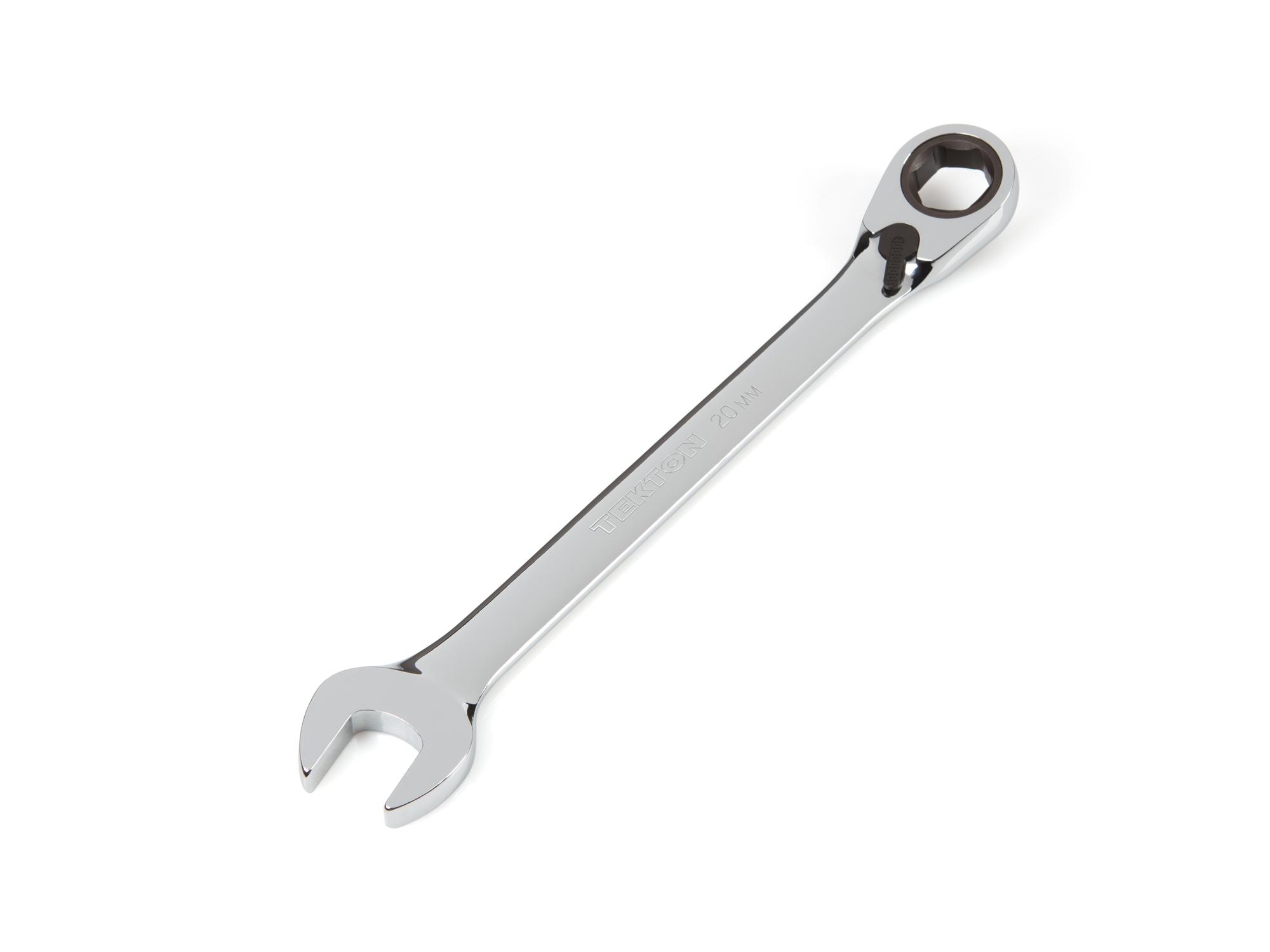 Front-right angle view of Tekton ratcheting combination wrench. Item #WRN56120
