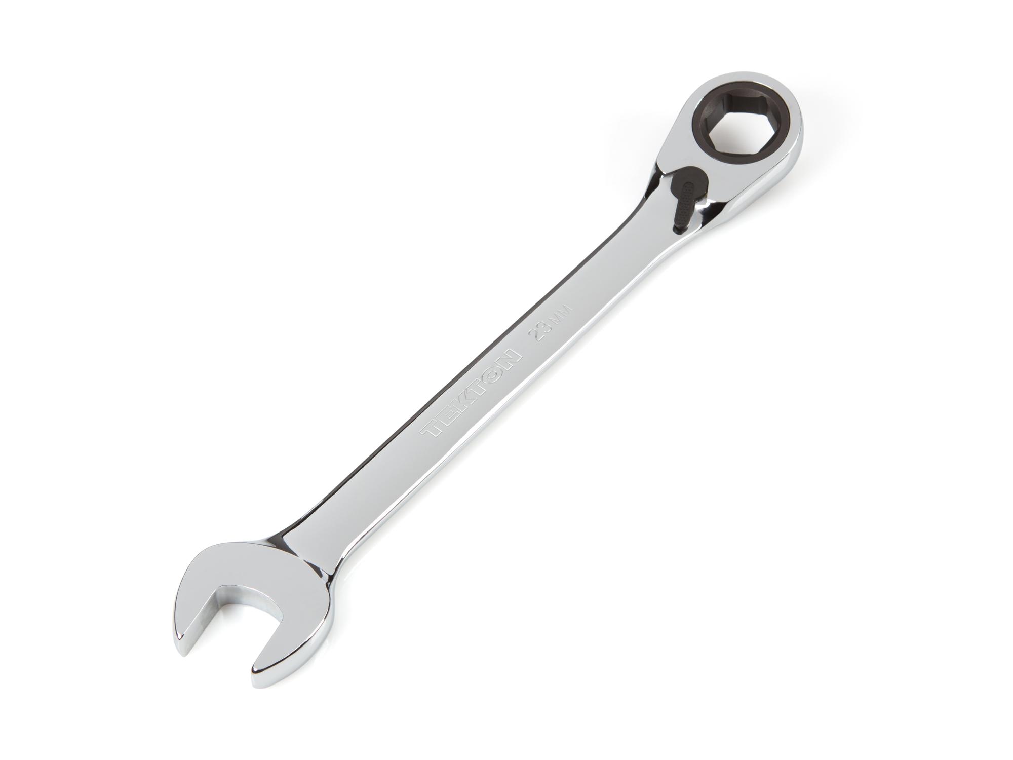 Front-right angle view of Tekton 23 millimeter ratcheting combination wrench set. Item #WRN56123